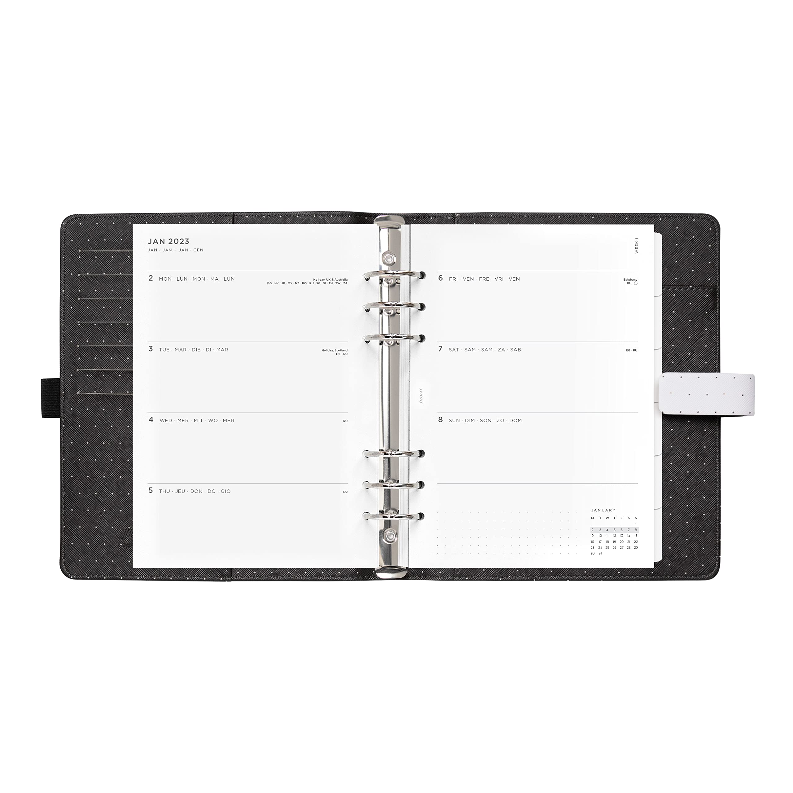 Filofax Moonlight Organizer, formato A5, bianco – sei anelli, agenda settimanale multilingue, calendario 2023 (C022652-23)