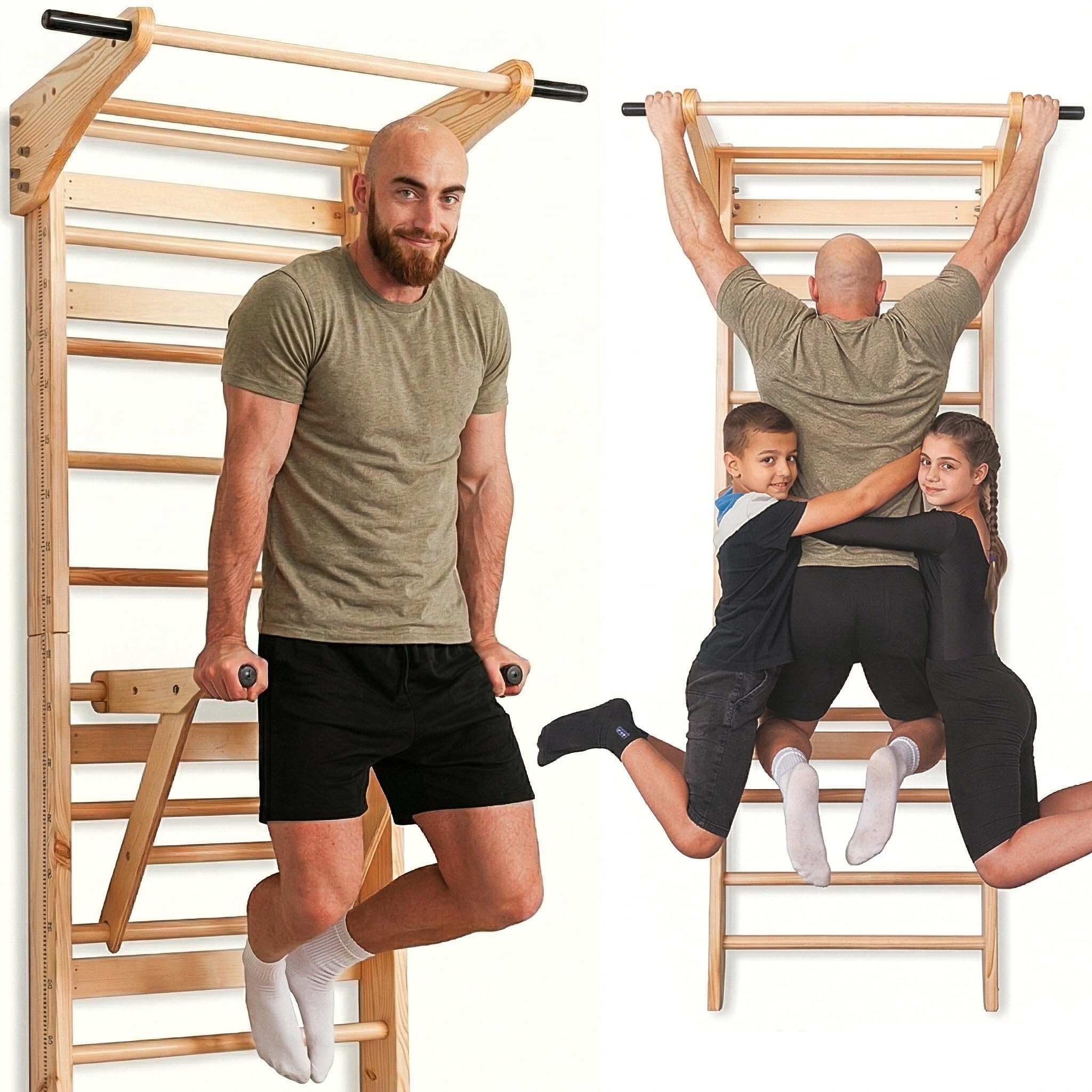 Spalliera Svedese con Barra per Trazioni e Parallele per Bambini e Adulti – Parete da Arrampicata in Legno, Attrezzo Fitness Multifunzione con Impugnatura per Trazioni