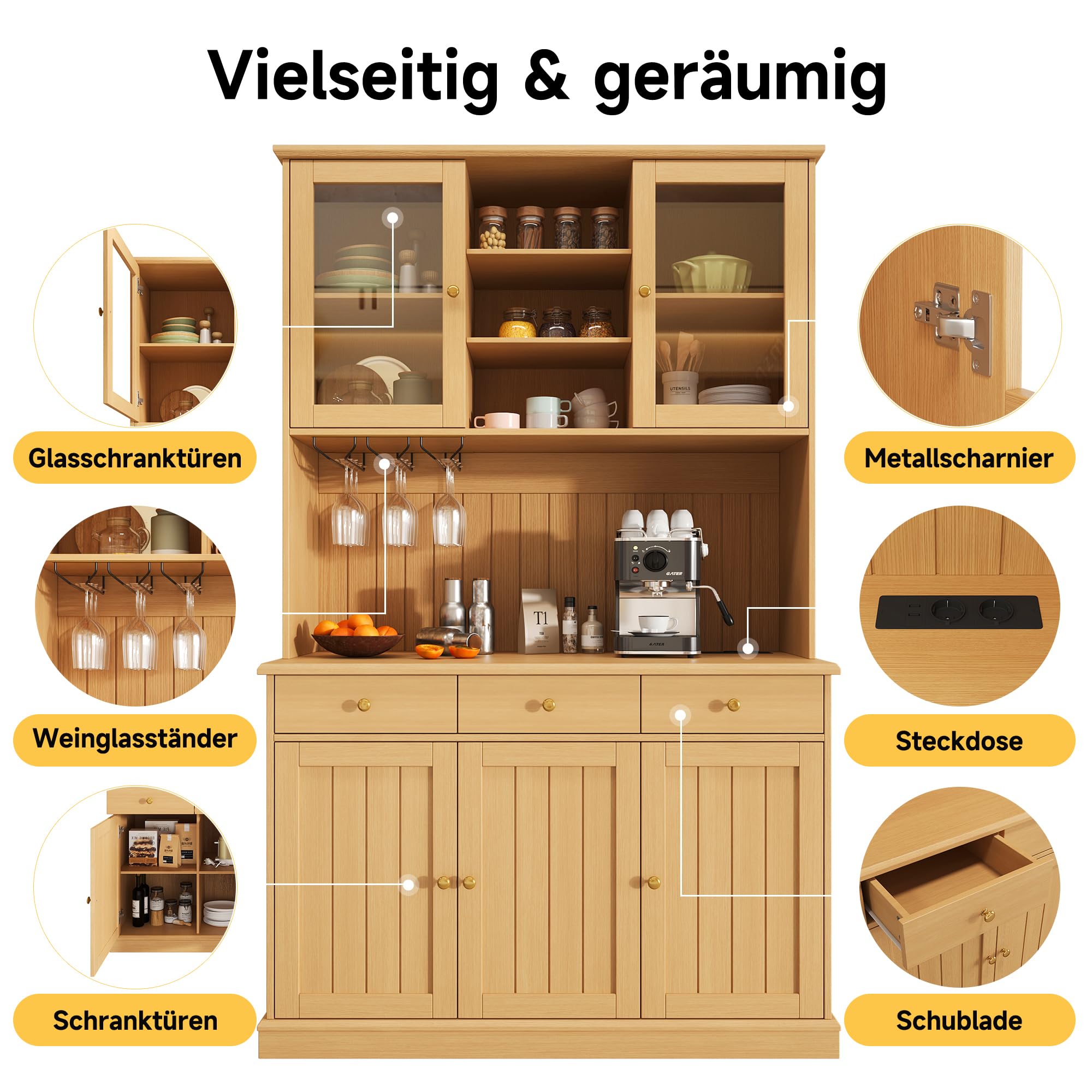 Küchenschrank mit USB-C- und USB-A-Anschlüssen, Buffetschrank mit Steckdose Sowie, Hochschrank mit Mehrstufigem Stauraum, Vitrinenschrank Küche, Esszimmerschrank, Vitrine, Schrank Küche