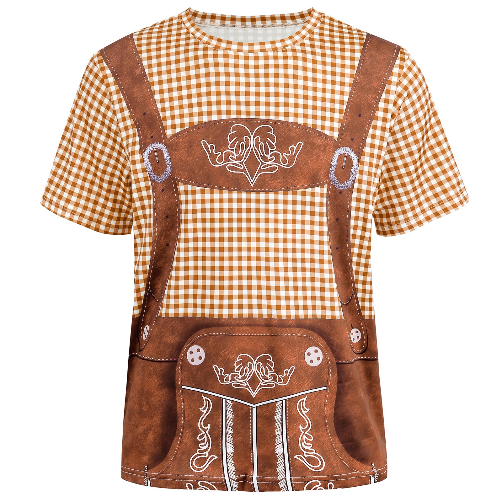 Mens Oktoberfest T Shirts Adult Gingham Bavarian Lederhosen(Brown, L)