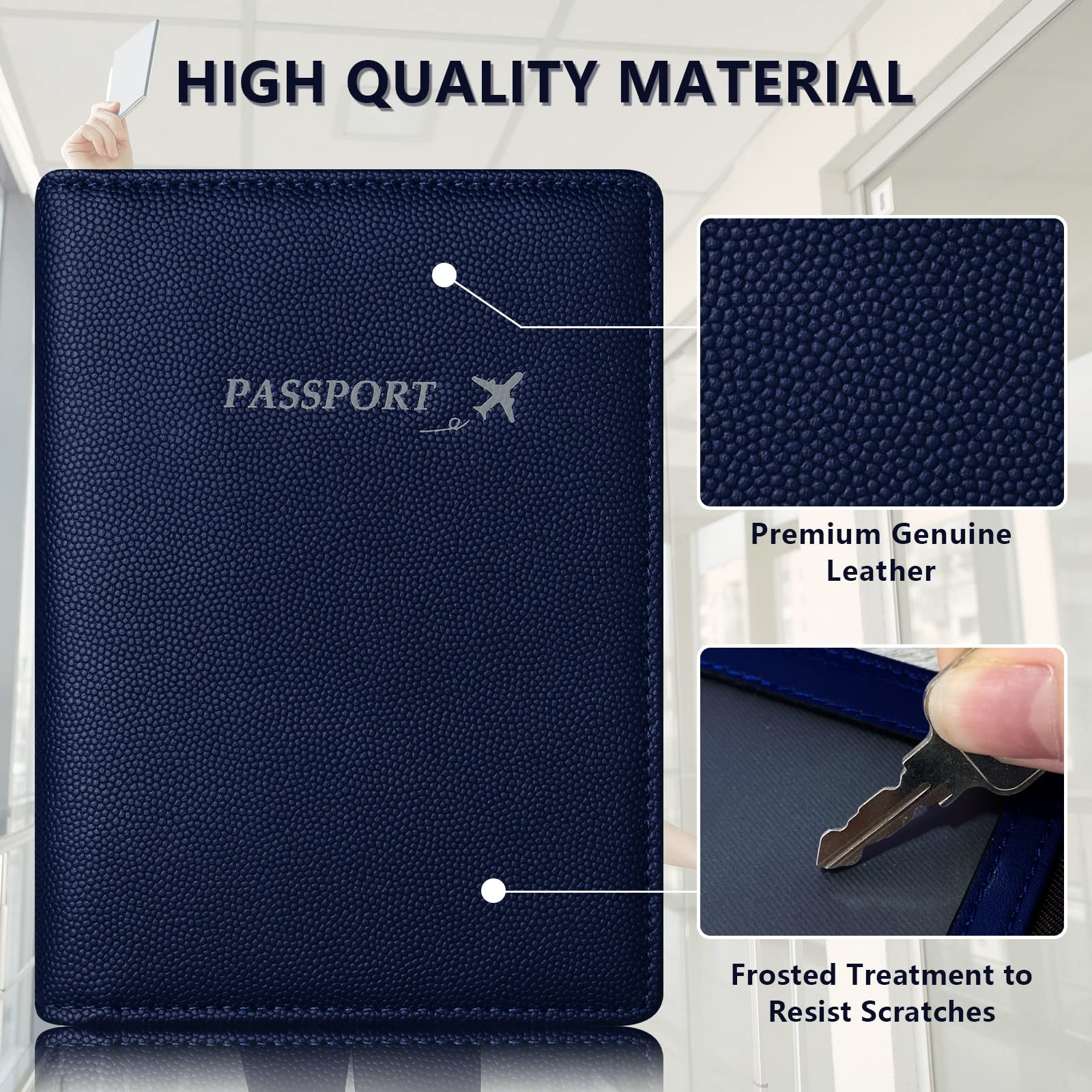 Custodia per passaporto in vera pelle, per donne e uomini, custodia ultra sottile con slot per carte di vaccino, blocco RFID, H-Blue., moderno