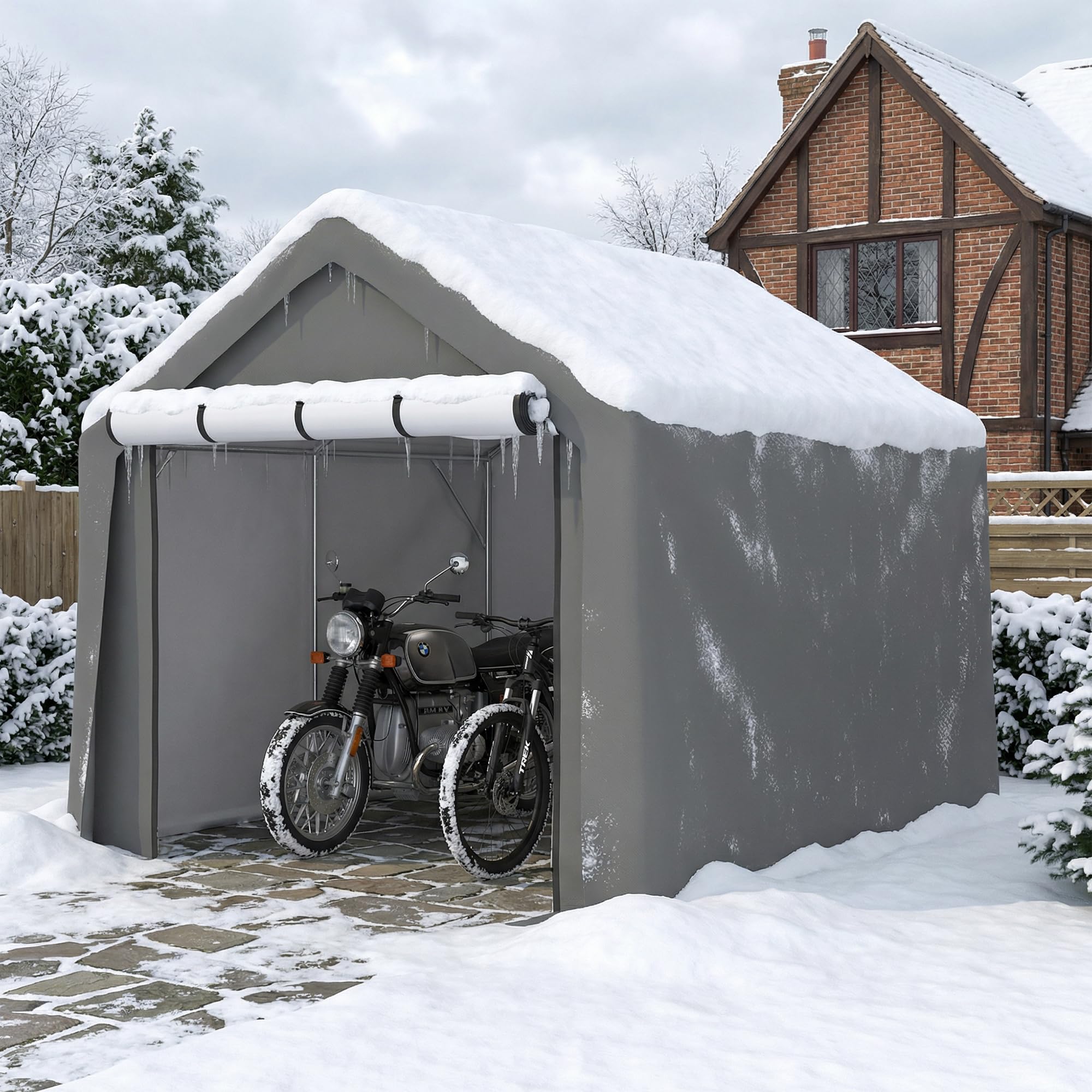 Thanaddo Fahrradgarage Zeltgarage Lagerzelt für 3-6 Fahrräder, Winterfest Geräteschuppen Carport mit UV-Schutz PE-Dach, Fahrradschuppen Motorrad Garage 244x240x220cm, Dunkelgrau