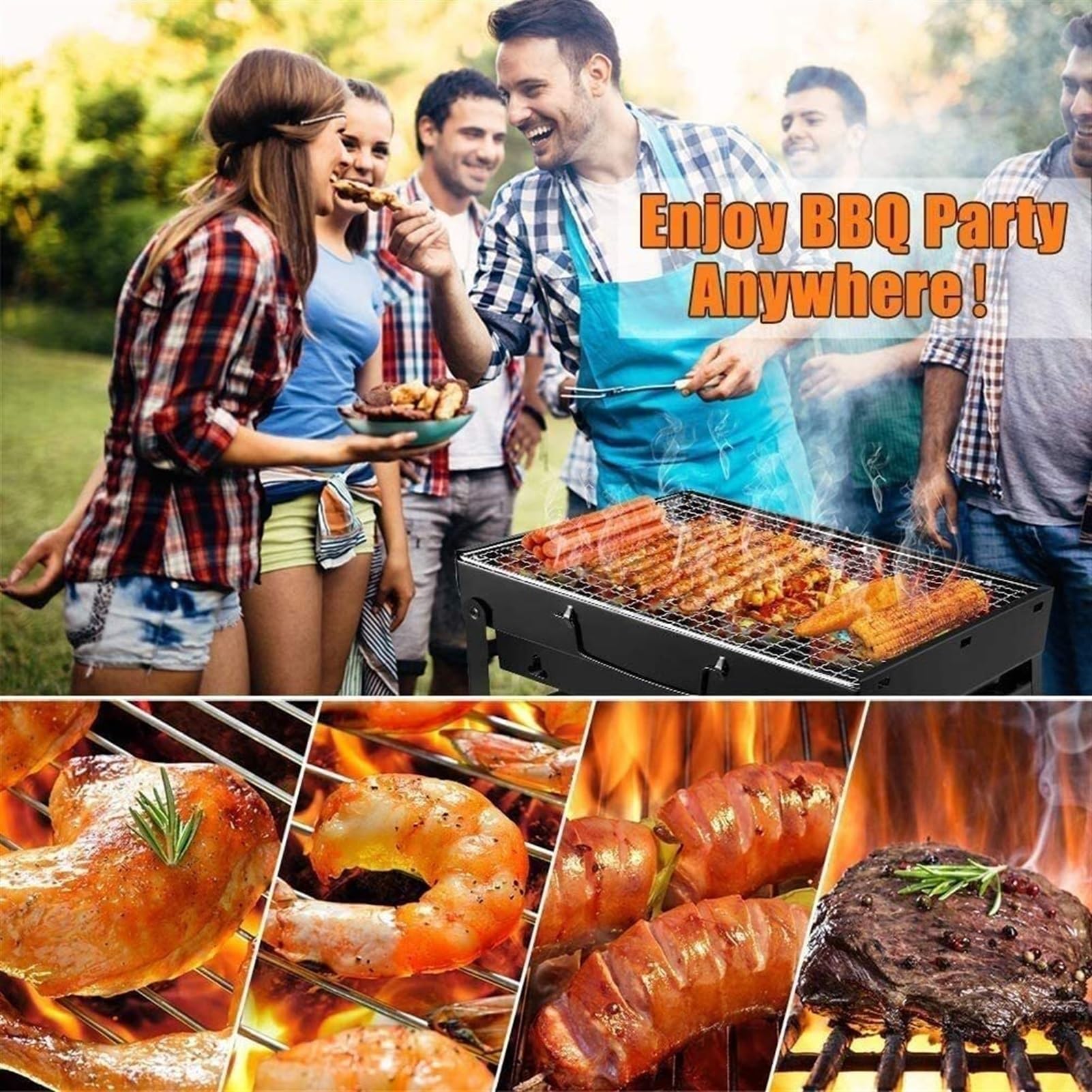 Barbecue d'extérieur au Charbon de Bois - Barbecue Portable - en Acier Inoxydable - Barbecue Pliable - Fumoir d'extérieur pour Pique-Nique, Jardin, terrasse, Camping, Voyage - 340 x 360 x 24