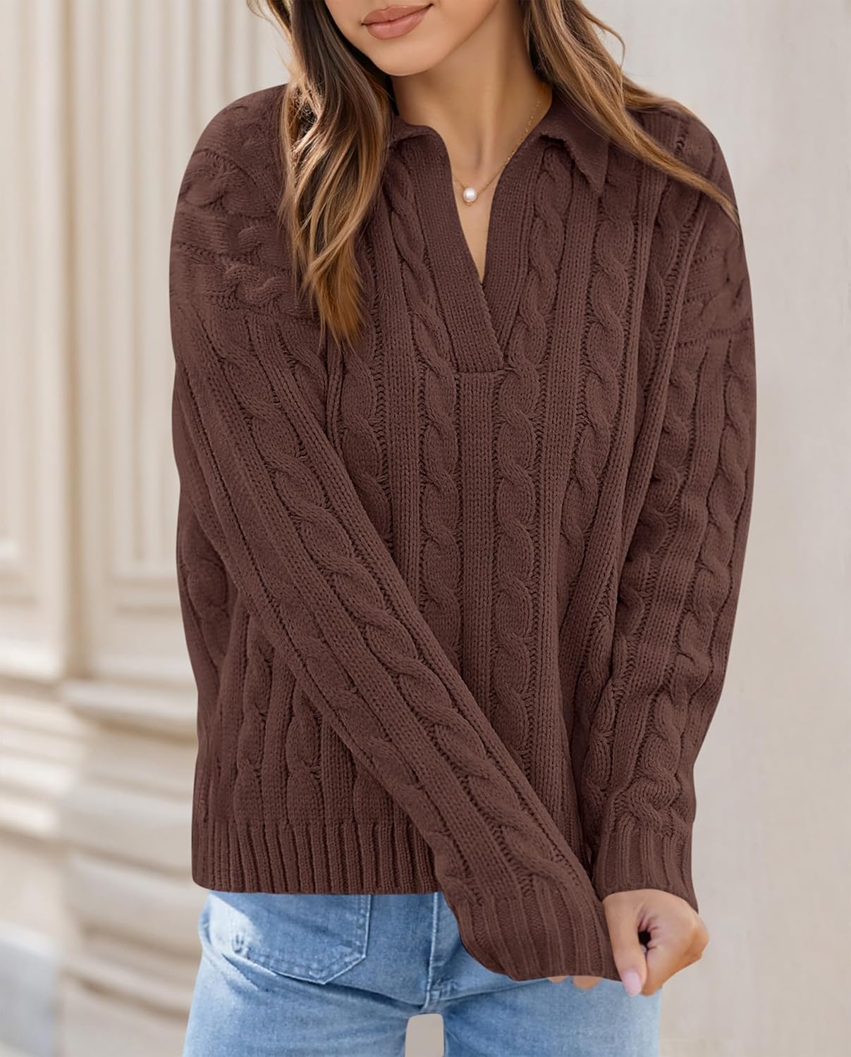 PRETTYGARDEN Spring Cable Knit Oversized Sweaters for Women 2026 Polo V Neck Long Sleeve Casual Chunky Sweater Pullover Tops - Image 2