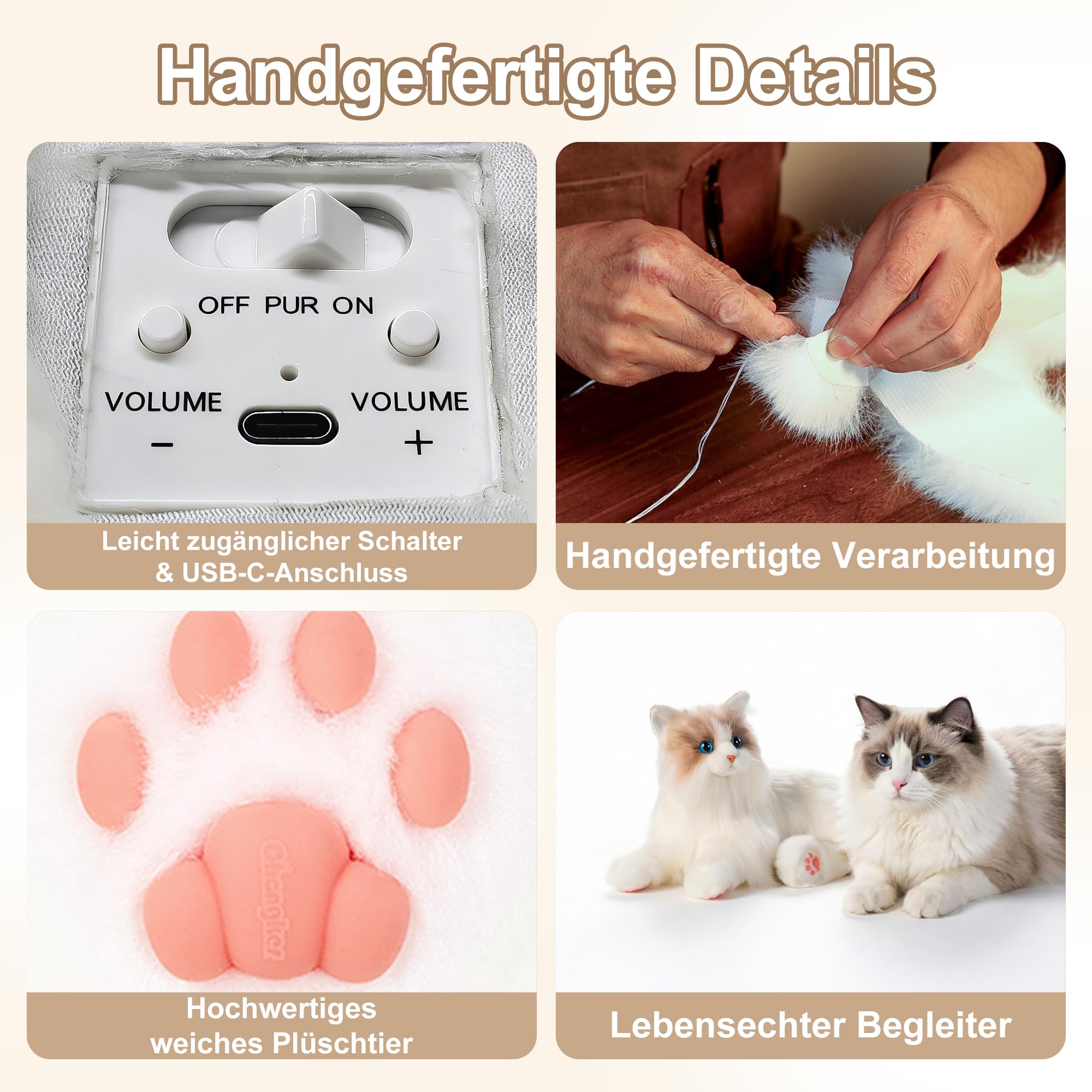 Chongker Roboterkatze | Interaktiver Elektronische Katze, Beschwertes Kuscheltier mit Geräuschreaktion | Realistischer Herzschlag & Schnurren | Lebensechter Plüschfreund zum Kuscheln (Weiß)