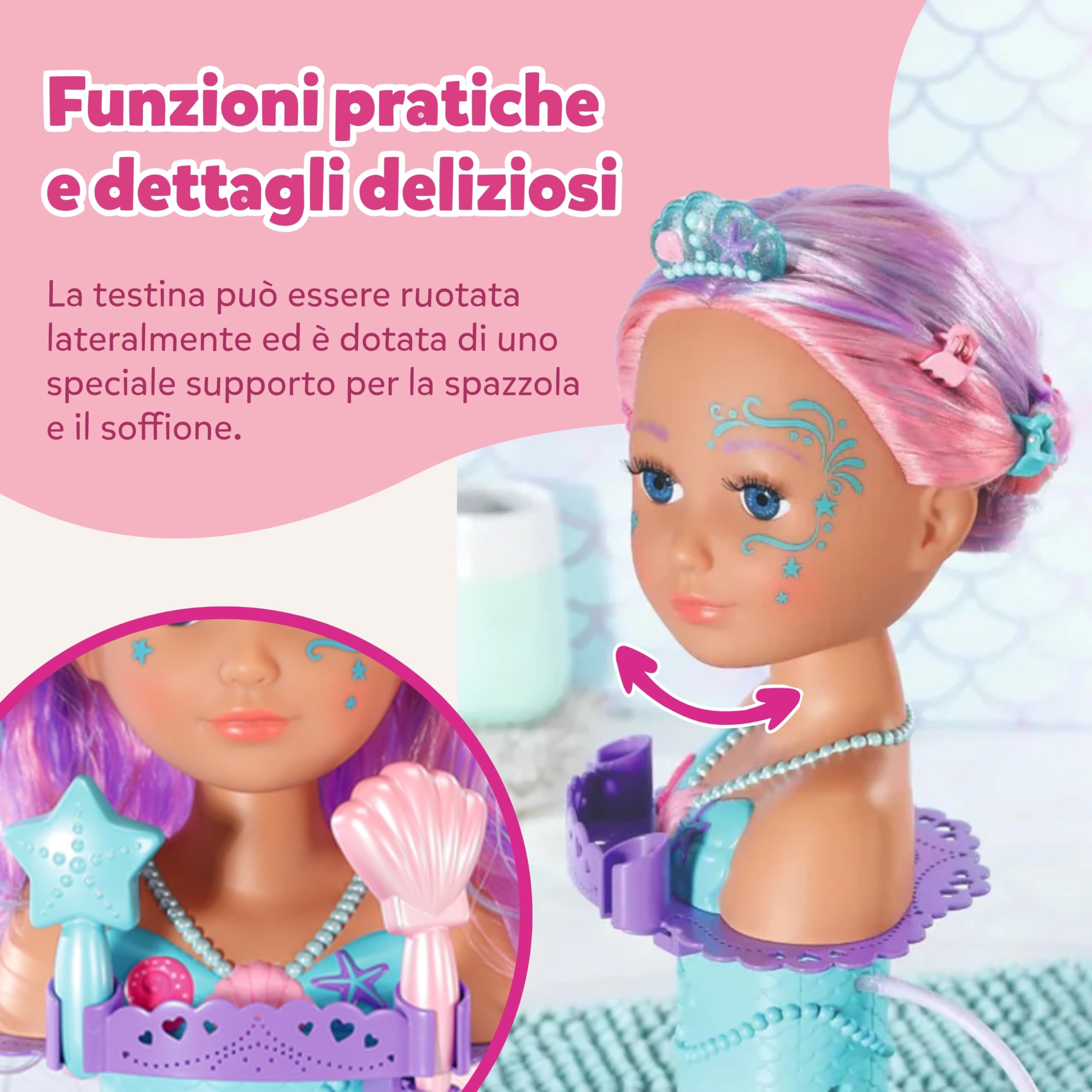 BABY born Testa stilizzata Sirena - Testa da trucco e acconciare per bambine dai 3 anni in su - Girevole e adatta per il bagnetto - Con funzione acqua, spazzola, diadema e accessori