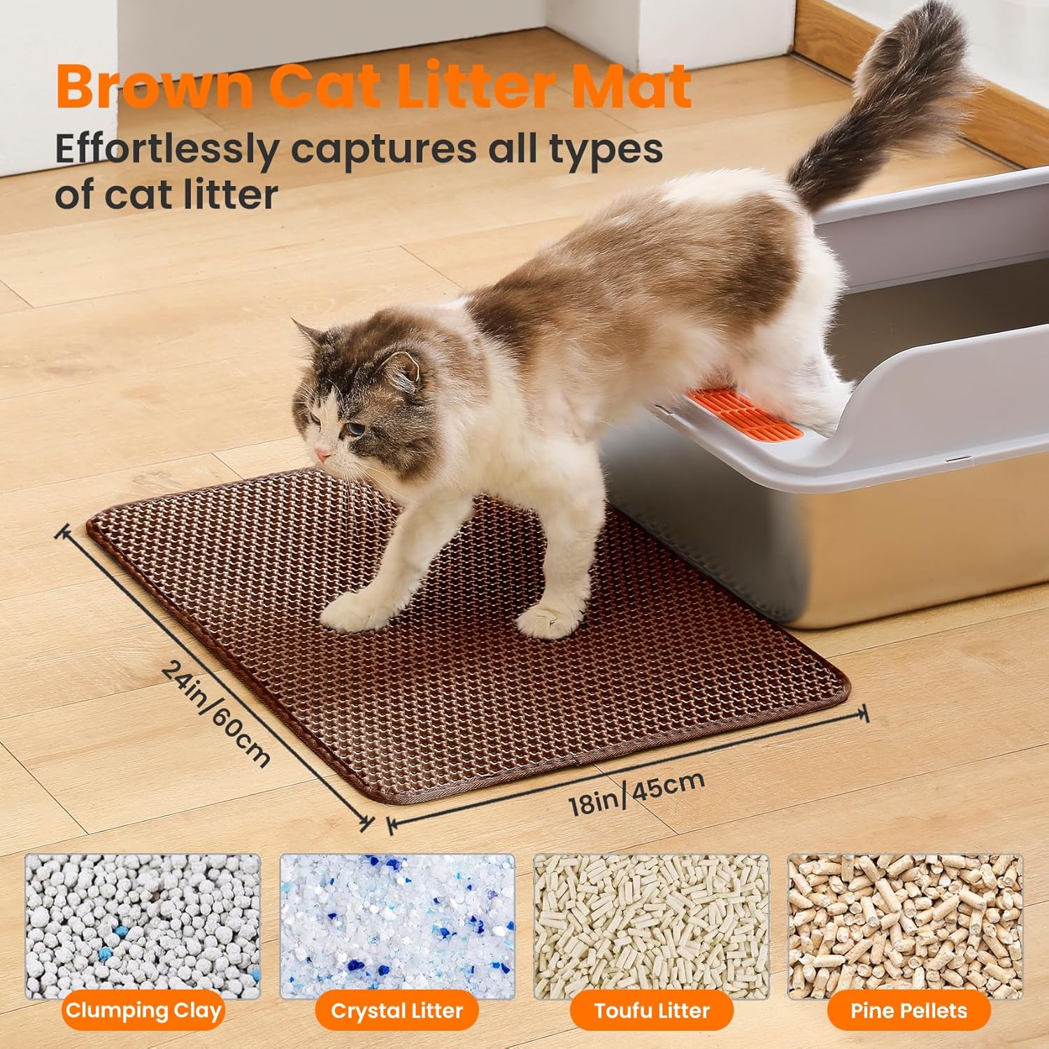 Cat Litter Box and Mat Bundle, 17.7"x13.8"x6" Stainless Steel High Sided Litter Box, 24"x18" Brown Double Layer Honeycomb Waterproof Mat, Mess Free Cat Supplies Set