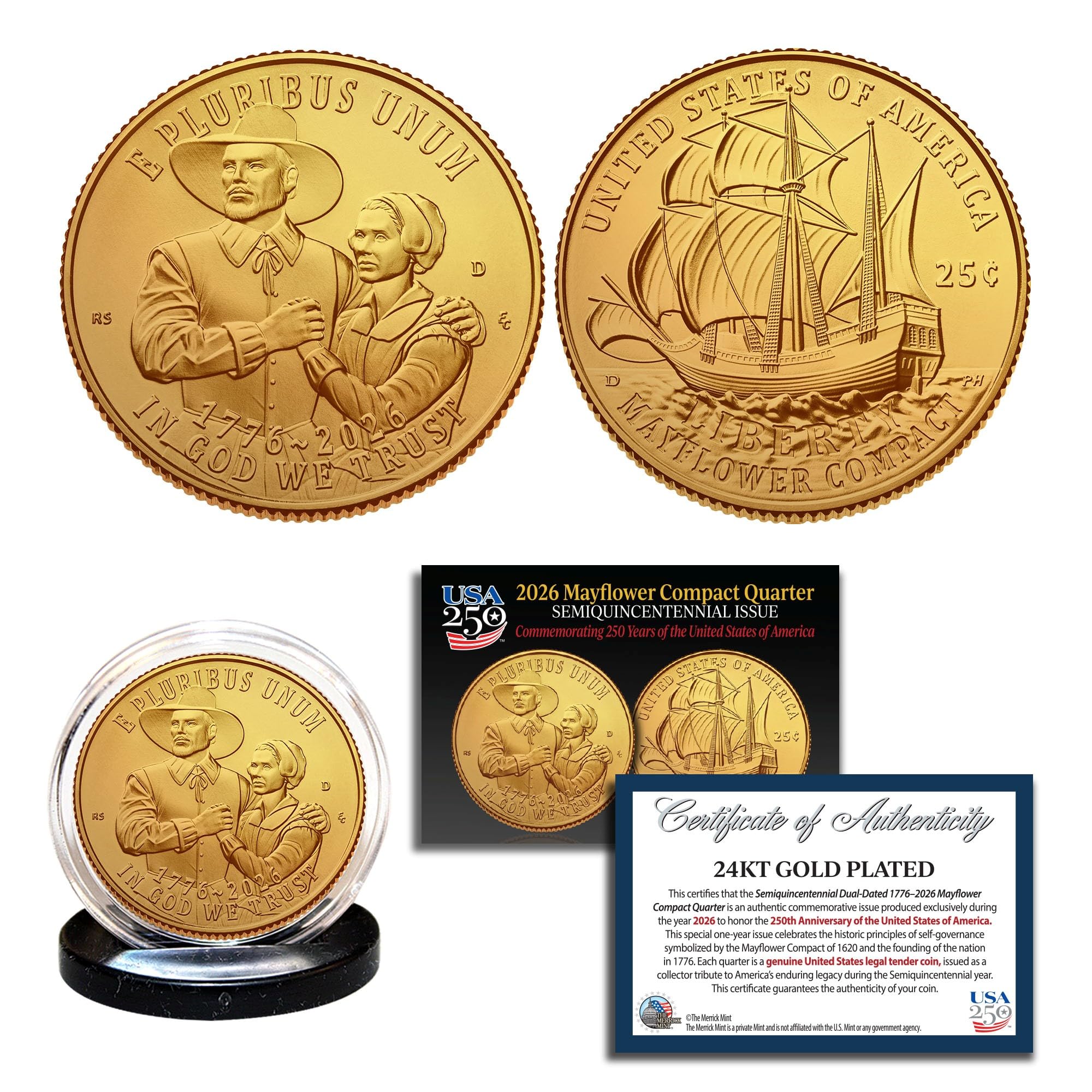 2026 Mayflower Compact Quarter 1776-2026 America 250 Uncirculated Gold Plated Quarter - Lot of 2