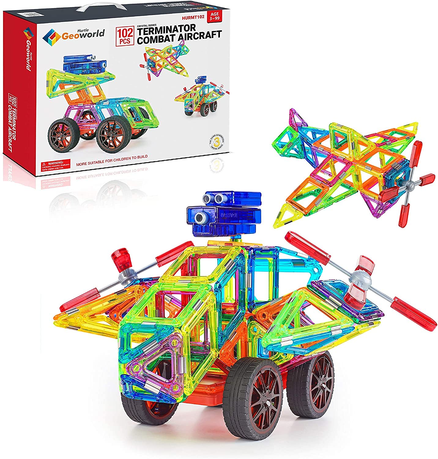 Hurtle Magnetic Building Blocks For Kids-Preschool Learning Toys Shapes Block Educational Magnet Tiles Kids Toy Set w/car accessories-Safe Magnetic Blocks For 3 Year Old&Up-Hurtle HURMT102(102 pcs)