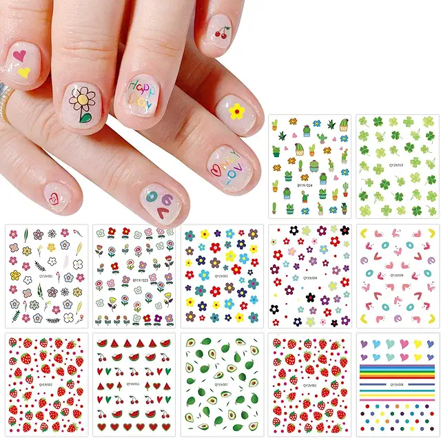 JMEOWIO Süße Nagelsticker Für Kinder - 14 Blatt Regenbogen Blumen Frucht Aufkleber Fingernägel