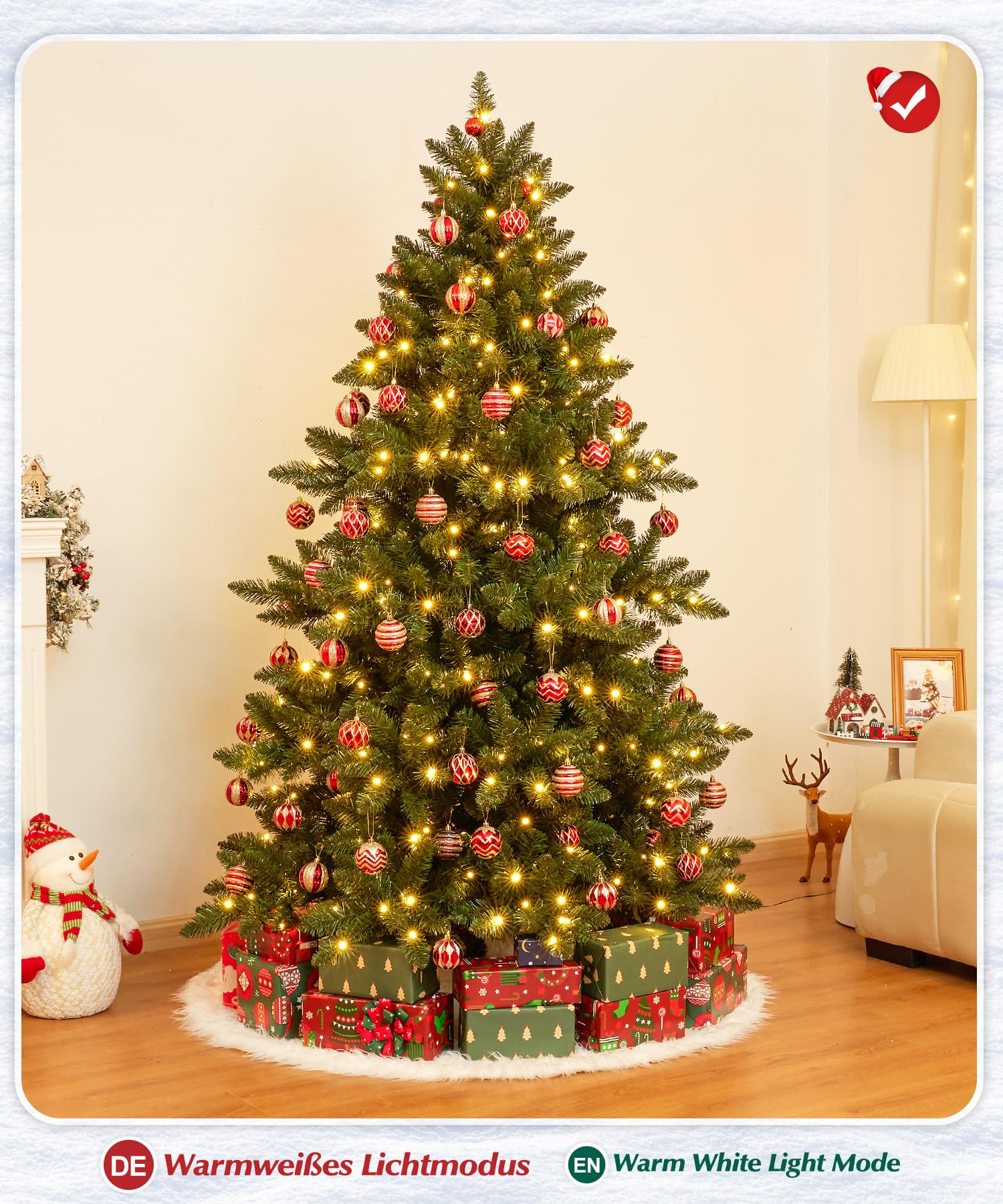 Yorbay Sapin de Noël artificiel avec éclairage LED : sapin en PVC artificiel avec support en bois pour décoration de Noël, idéal pour une ambiance festive (150 cm)