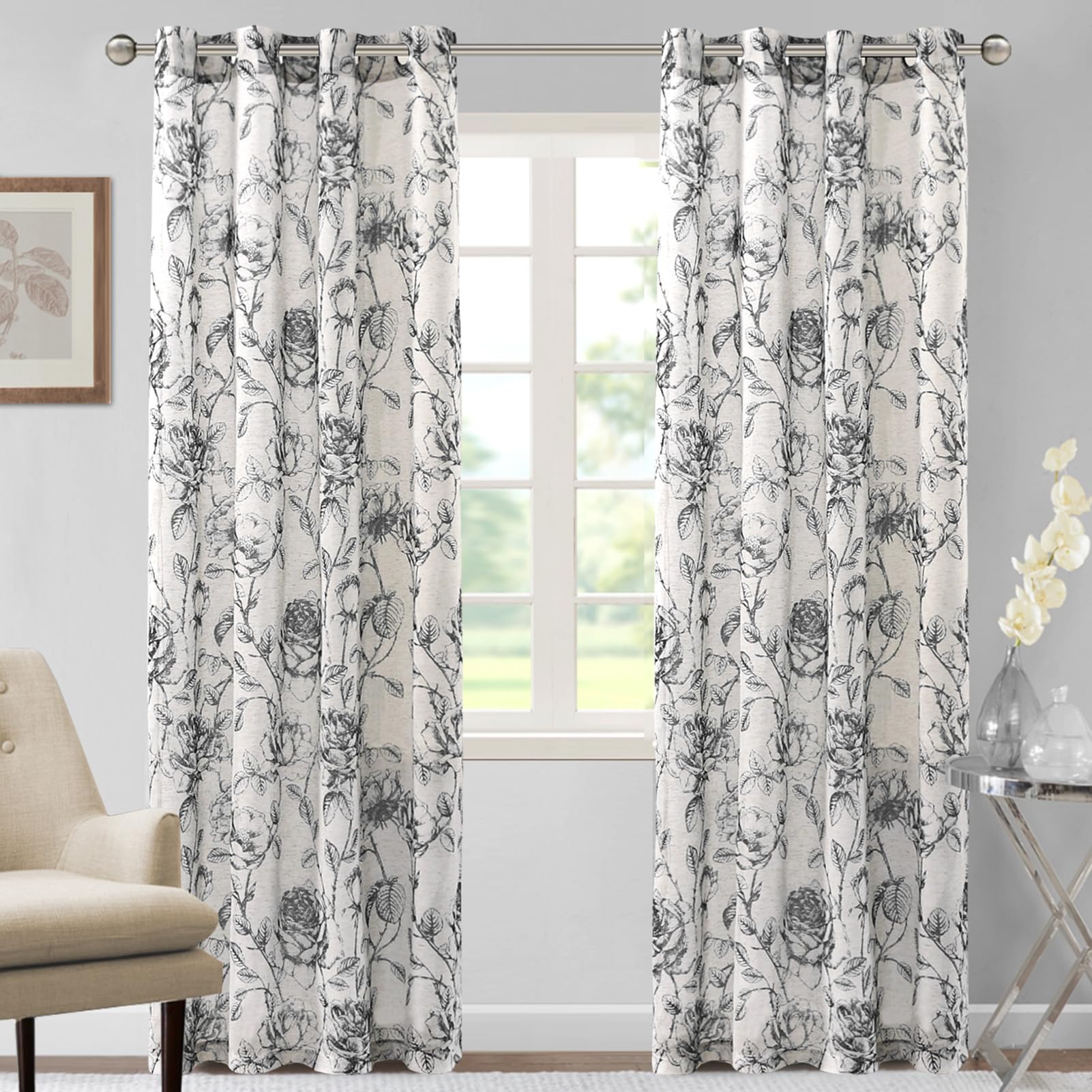 DEZYPZAM Floral Linen Semi Sheer Curtains, Light Filtering Privacy Window Curtains, Semi Sheer Window Curtain Drapes for Living Room/Bedroom (Black,52 x 84 inch)