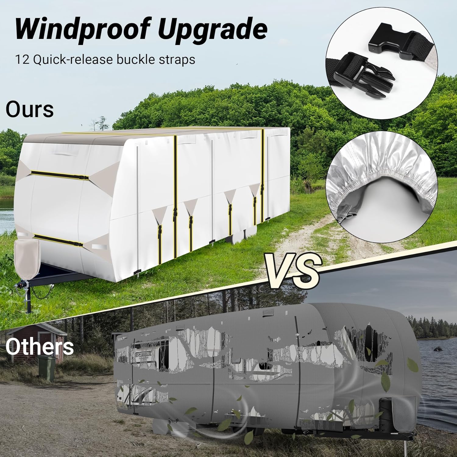 420D Oxford Fabric Travel Trailer RV Cover 22-24ft, 400 LBS Tearproof, Waterproof, Anti-UV & Windproof Camper Cover w/Tongue Jack Cover, Gutter Covers, Tire Covers, Stair Cover, Straps & Storage Bag