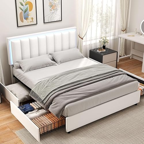 Miniatura 8 de Base de cama tamaño Queen con 4 cajones de almacenamiento, base de cama tapizada Queen con cabecero, luces LED RGB, base de metal resistente y