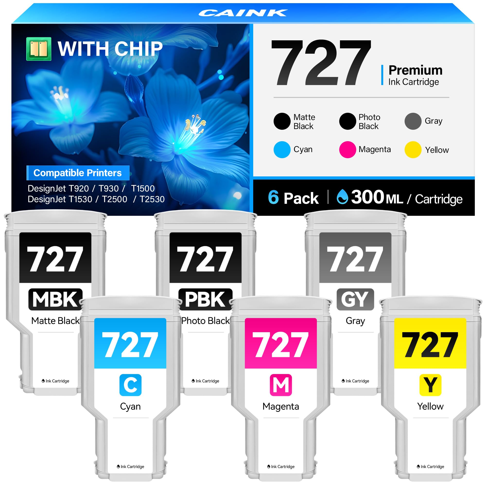 727 Ink Cartridges Set 6-Pack 300-ml High Yield Replacement for HP 727 Ink F9J79A C1Q12A F9J76A F9J77A F9J78A F9J80A Compatible with HP DesignJet T930 T920 T1500 T2500 T1530 T2530 Printer Color Black