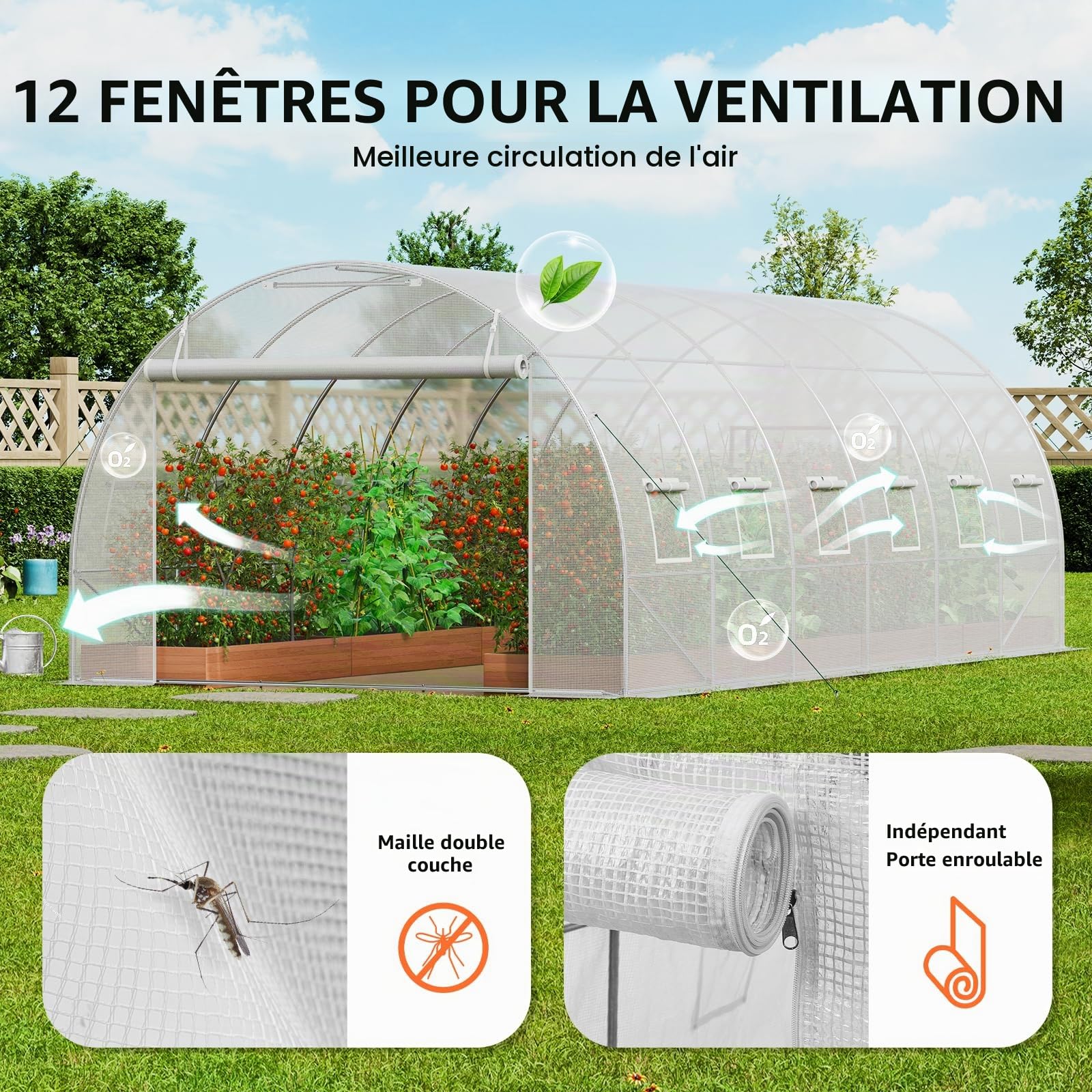 VEVOR Serre Tunnel Jardin, 590x295x198 cm, Tente Abri Plantes avec Cadre en Acier Galvanisé, Couverture en PE Blanche, Porte à Glissière Enroulable, 12 Fenêtres, pour Extérieur Cultiver Légumes Fleurs