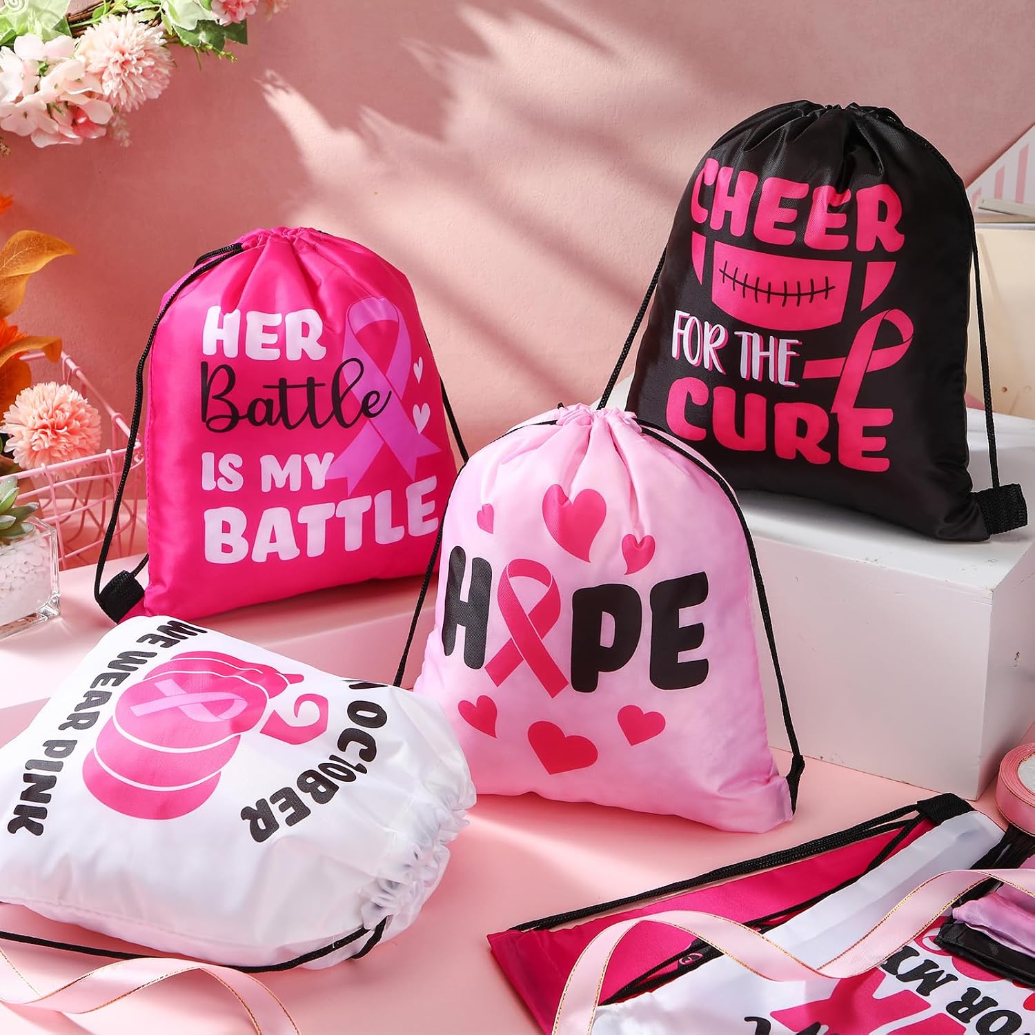 Amylove 48 Pcs Drawstring Backpack 11.8'' Ribbon Polyester Bag Gym Sport Sackpack for Charity Party Gift Travel Storage Accessories(Breast Cancer Awareness)