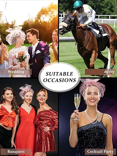 Miniatura 6 de Honoson Juego de 4 Sombreros Fascinadores para Mujer, Accesorio de Tocado para Fiesta de Té, Velo, Guante de Encaje, Juego de Perlas, Boda,