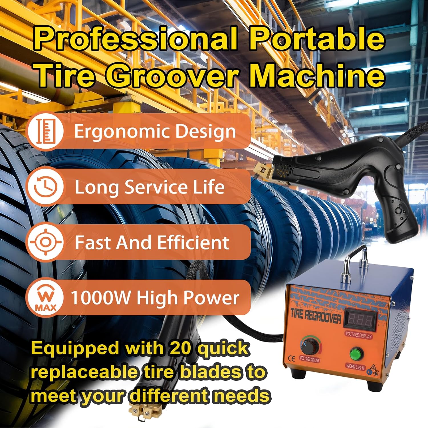 High Power Professional Portable Tyre Regroover with 20 Blades,1000W Temp Adjustable Rubber Tire Engraving Machine for Off-Road/Truck,Grooving Device Tool Kit for Tread Patterns,Retreading Old Tires