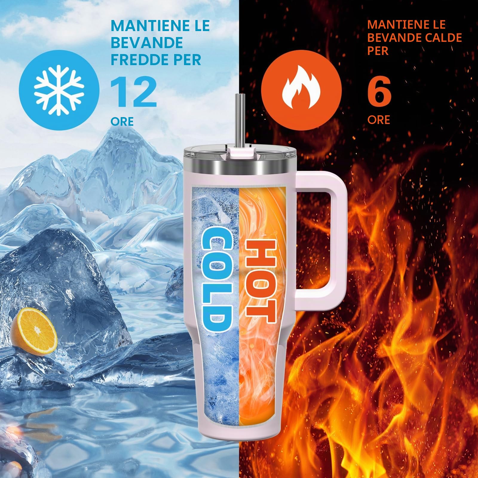 WATERSY 1.2L Bicchiere Termico con Manico, 40 oz Grande Tazza Termica in Acciaio Inox, Tazza da Caffè con Cannuccia, Thermos per Acqua Doppia Parete, per Palestra, Auto e Viaggio (Rosa Chiaro)