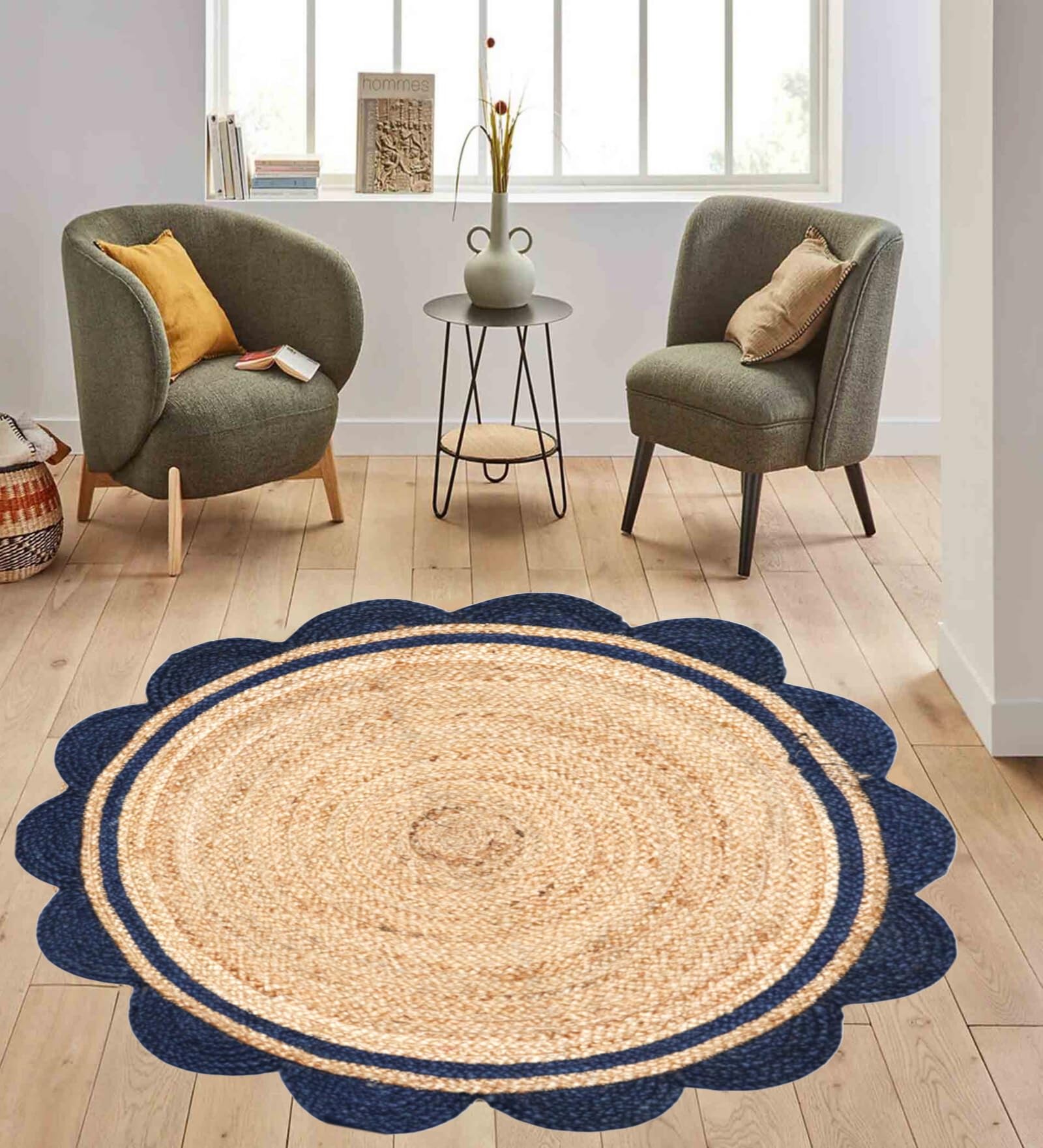 Tappeto decorativo in iuta, 90 x 90 cm, blu navy e beige