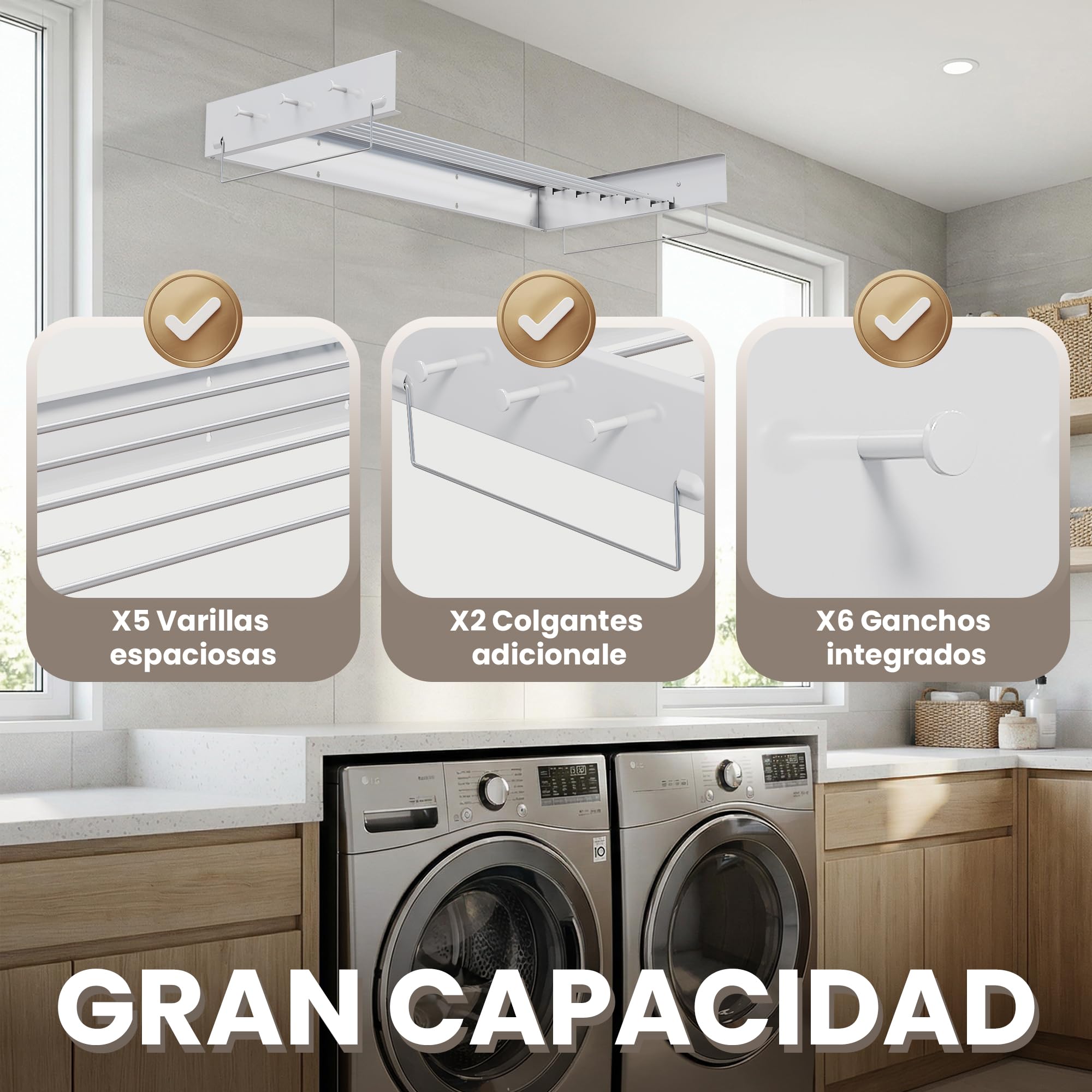 Tendedero Pared Plegable Extensible 100 Cm Aluminio Blanco Resistente Anticorrosión Para Baño Lavadero Balcón Con 5 Varillas 6 Ganchos 2 Soportes Colgantes Ahorra Espacio Secado Eficiente (grande)