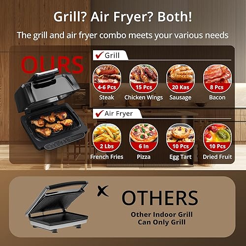 Miniatura 5 de Combo de parrilla/plancha para interiores con ventana de visión, parrilla eléctrica inteligente 7 en 1 sin humo con freidora de aire, hornear, asar