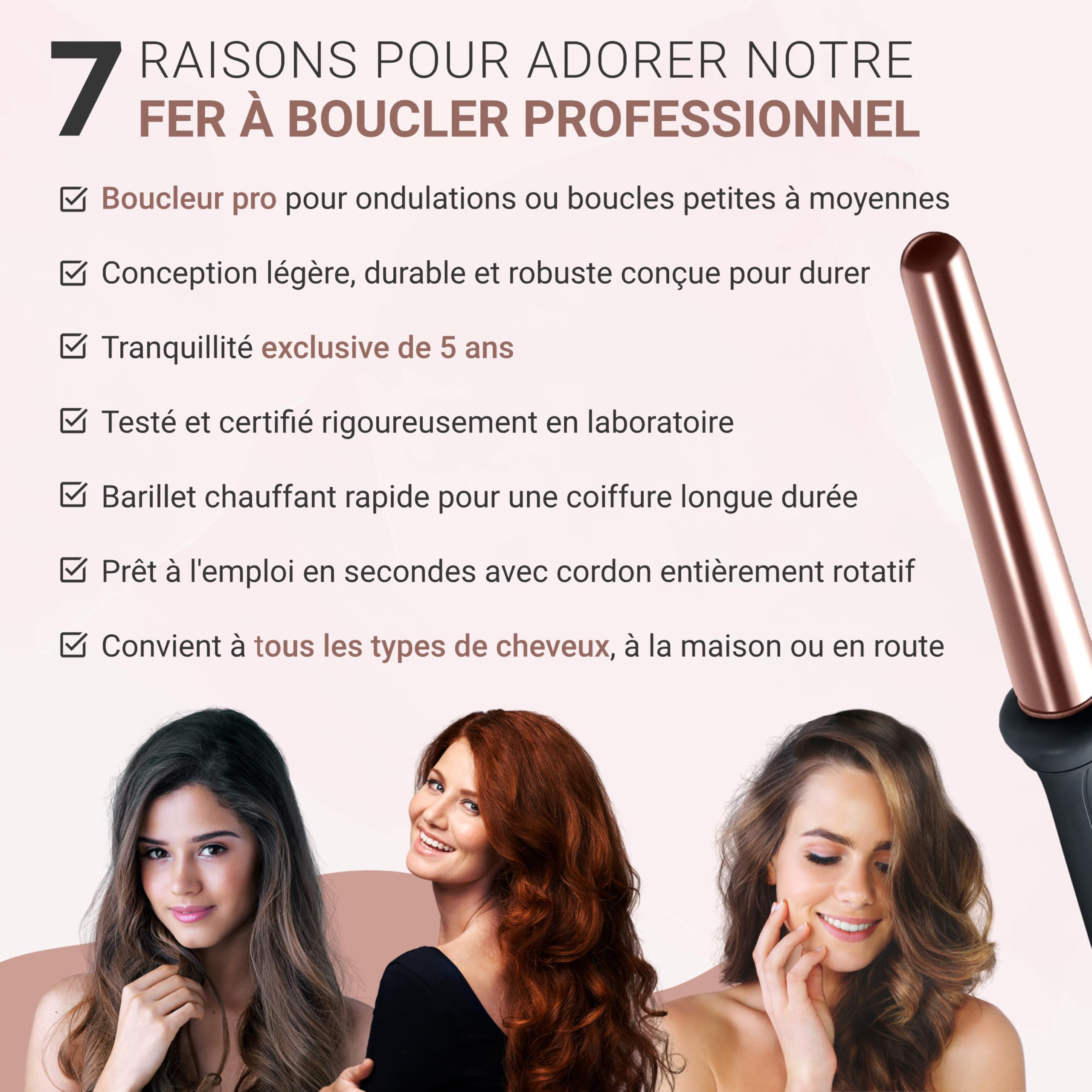Golden Curl Boucleur a Cheveux Professionnel - 5 Ans de Tranquillité - Fer à Boucler et Friser - Appareil et Outil de Coiffure Hair Curler Onduleur de Cheveux (18 mm – 25 mm, Or Rose)