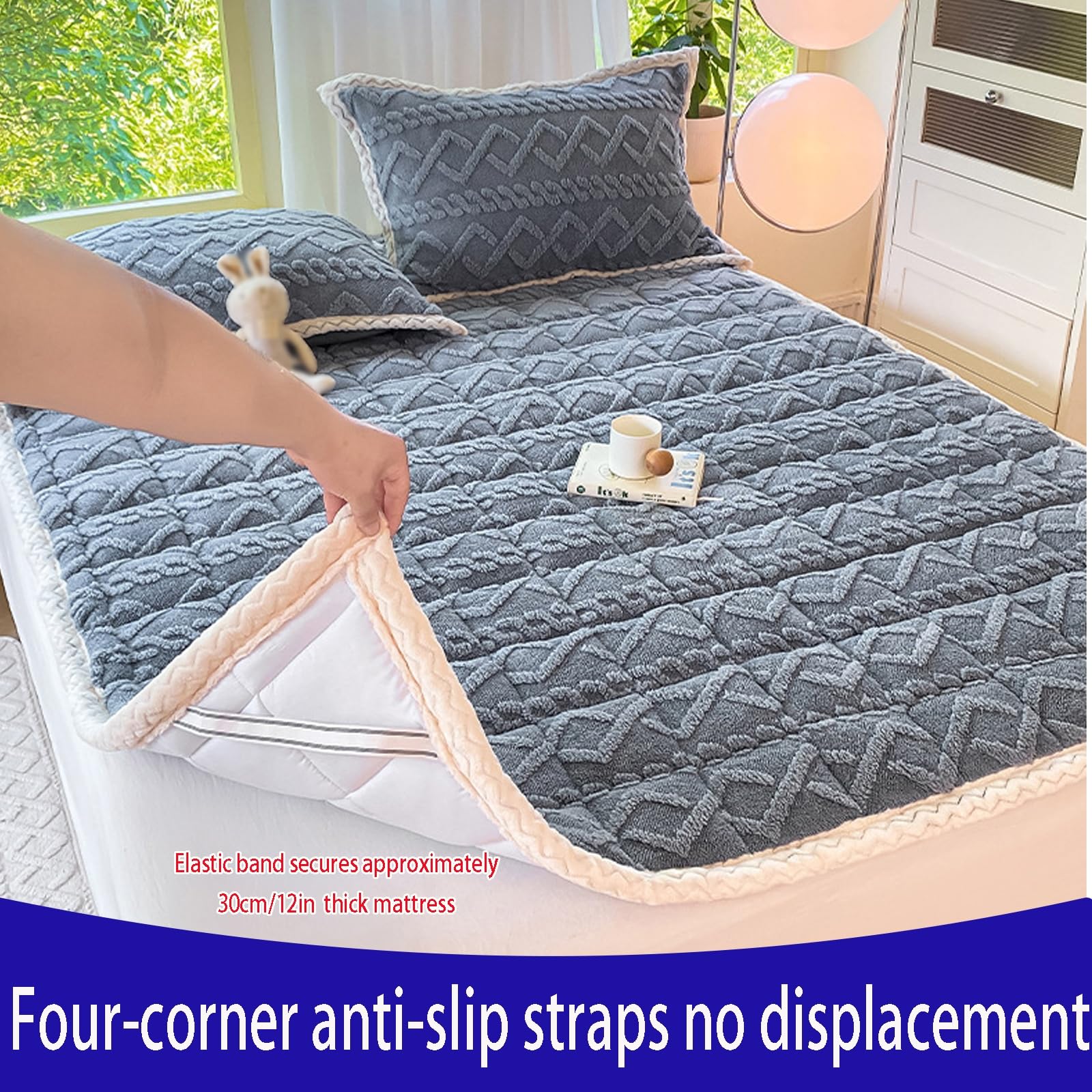 Topper Protector de Colchón Acolchado,Sobrecolchón Colchoncillo Transpirable,Color Sólido Mattress Topper con 4 Bandas,CaraTopper Colchon Suavidad y Comodidad,Marrón,90x190cm/35x75in