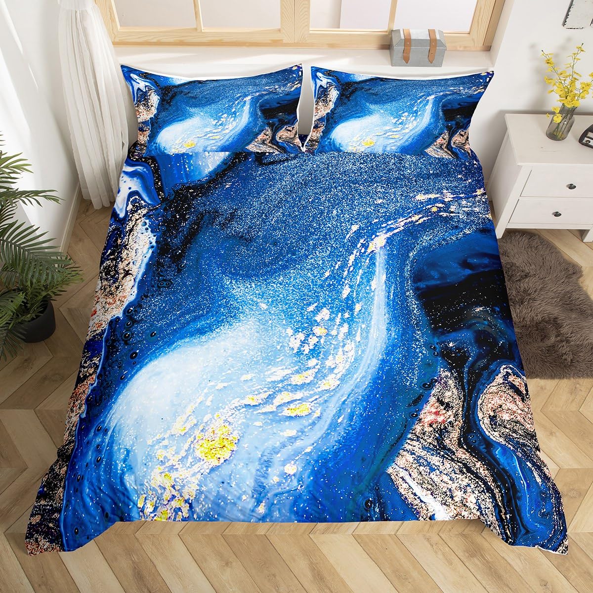 Erosebridal Navy Aesthetic Comforter Cover for Men Women Blue Marbling Bed Set Abstract Marble Duvet Cover Mountain Fluid Rock Bedding Sets Queen Tie Dye Stone Pattern Bedspread Cover for All Seasons