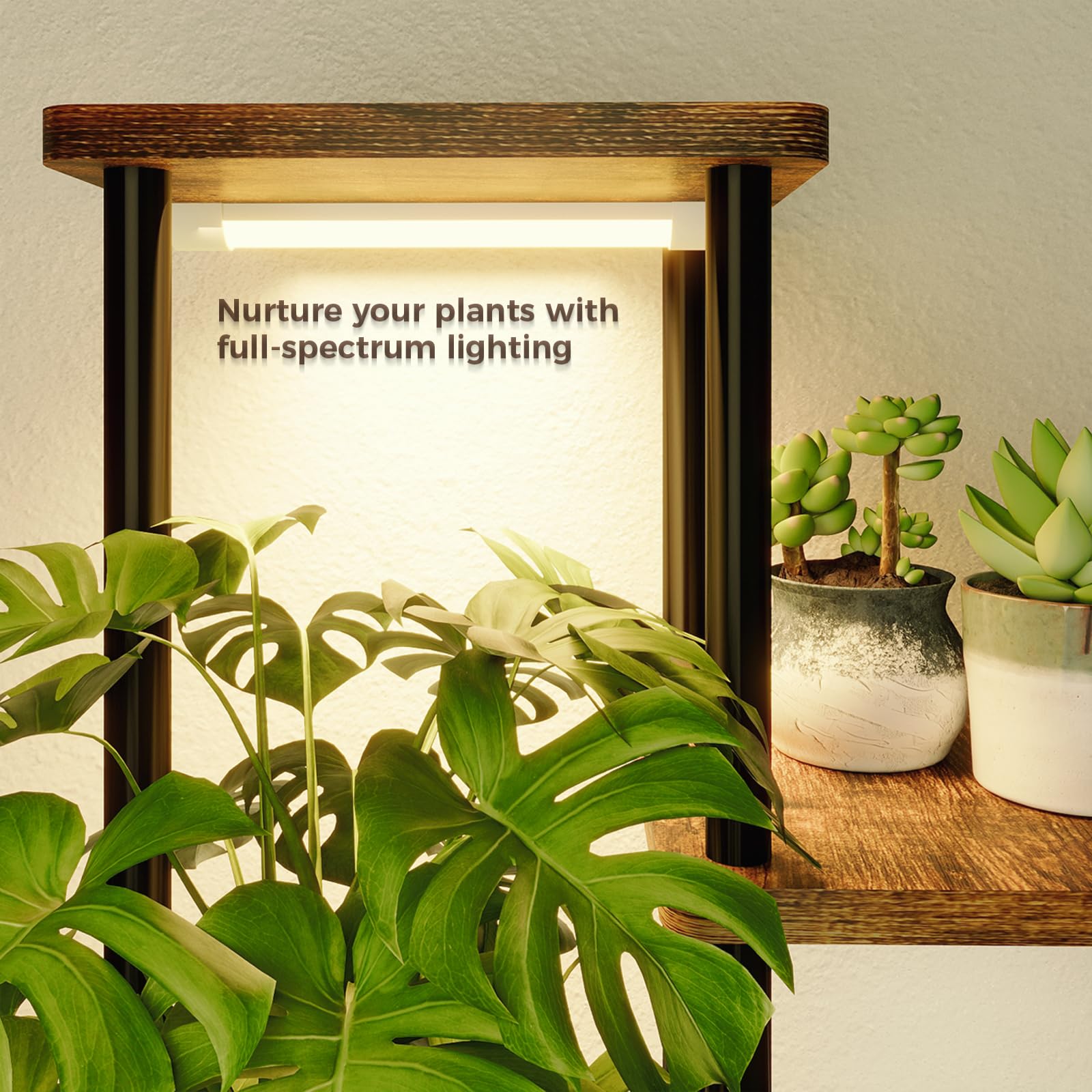 Bamworld - Support pour plantes d'intérieur de grande taille avec lampe de croissance - Support d'angle pour plantes d'intérieur avec 5 niveaux en métal et bois avec lampes de croissance pour salon