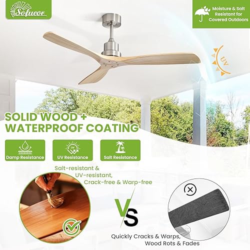 Miniatura 9 de Sofucor - Ventilador de techo de 52 pulgadas sin luces, ventilador de techo moderno de madera sólida con control remoto, alto caudal de aire de 5000