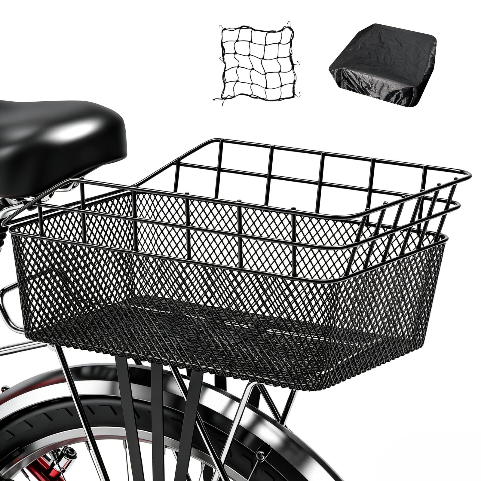 Bike Basket Rear with Cargo Net & Waterproof Cover, Large Heavy Duty Rack