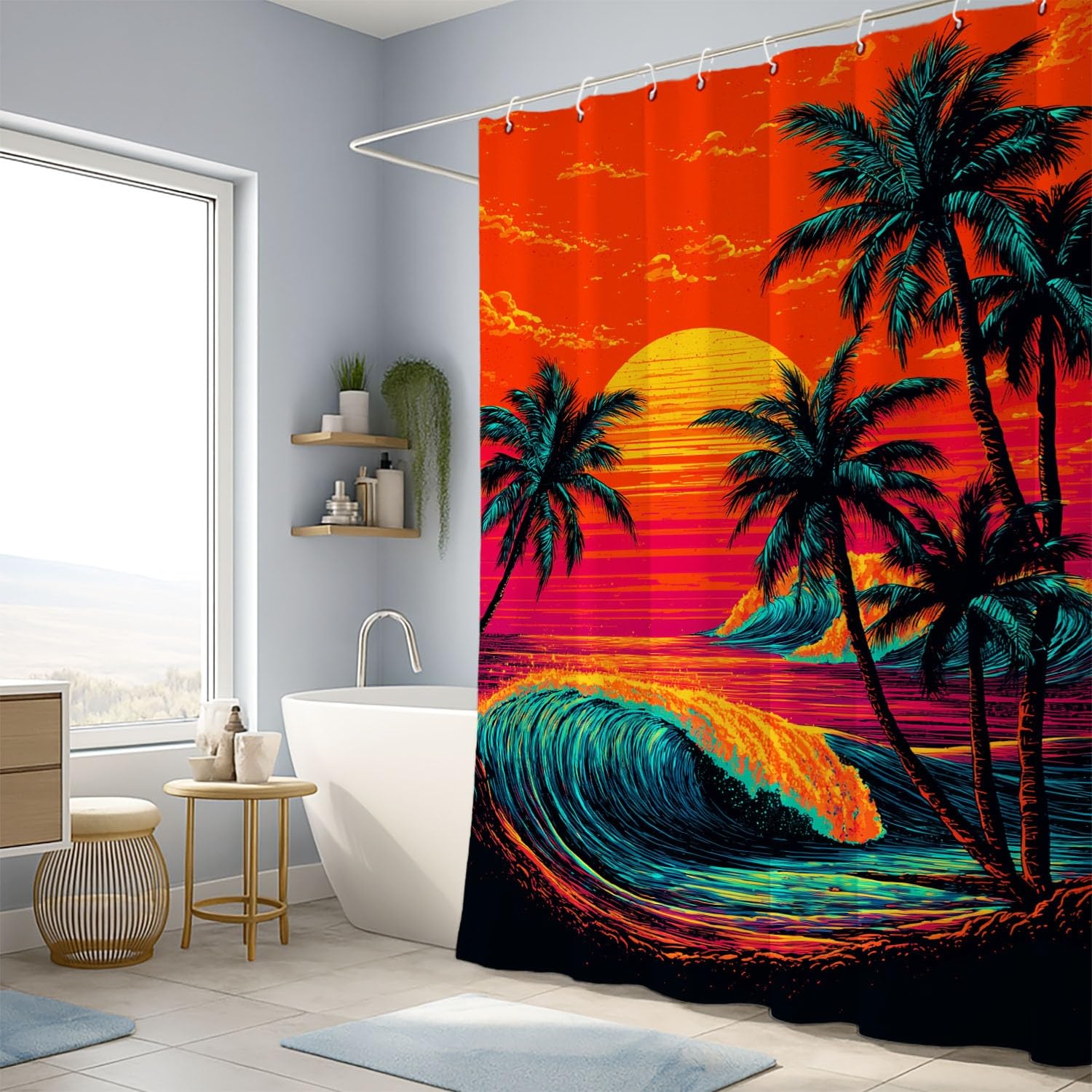 Generico Arancione Tende da Doccia 240 x 200 cm Vintage Fantasia Natura Paesaggio Tenda da Doccia Impermeabile Lavabile in Poliestere con Ganci per Bagno, Vasca da Bagno