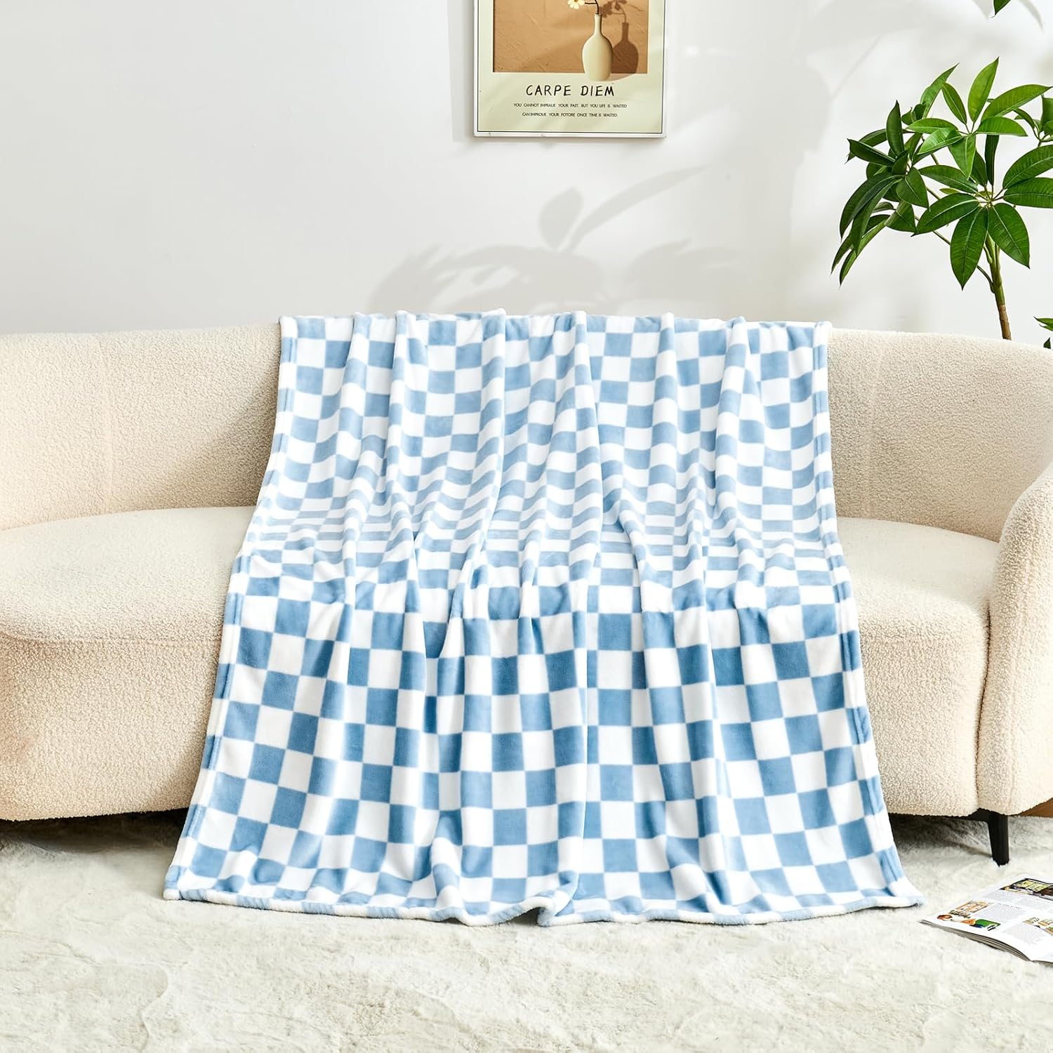 Checkered Blanket Flannel Throw Blankets Soft Cozy Checkered Grid Print Chessboard Gingham Pattern Throws for Bed Sofa Couch for All Seasons, 50x60 Inch, Blue - Image 3