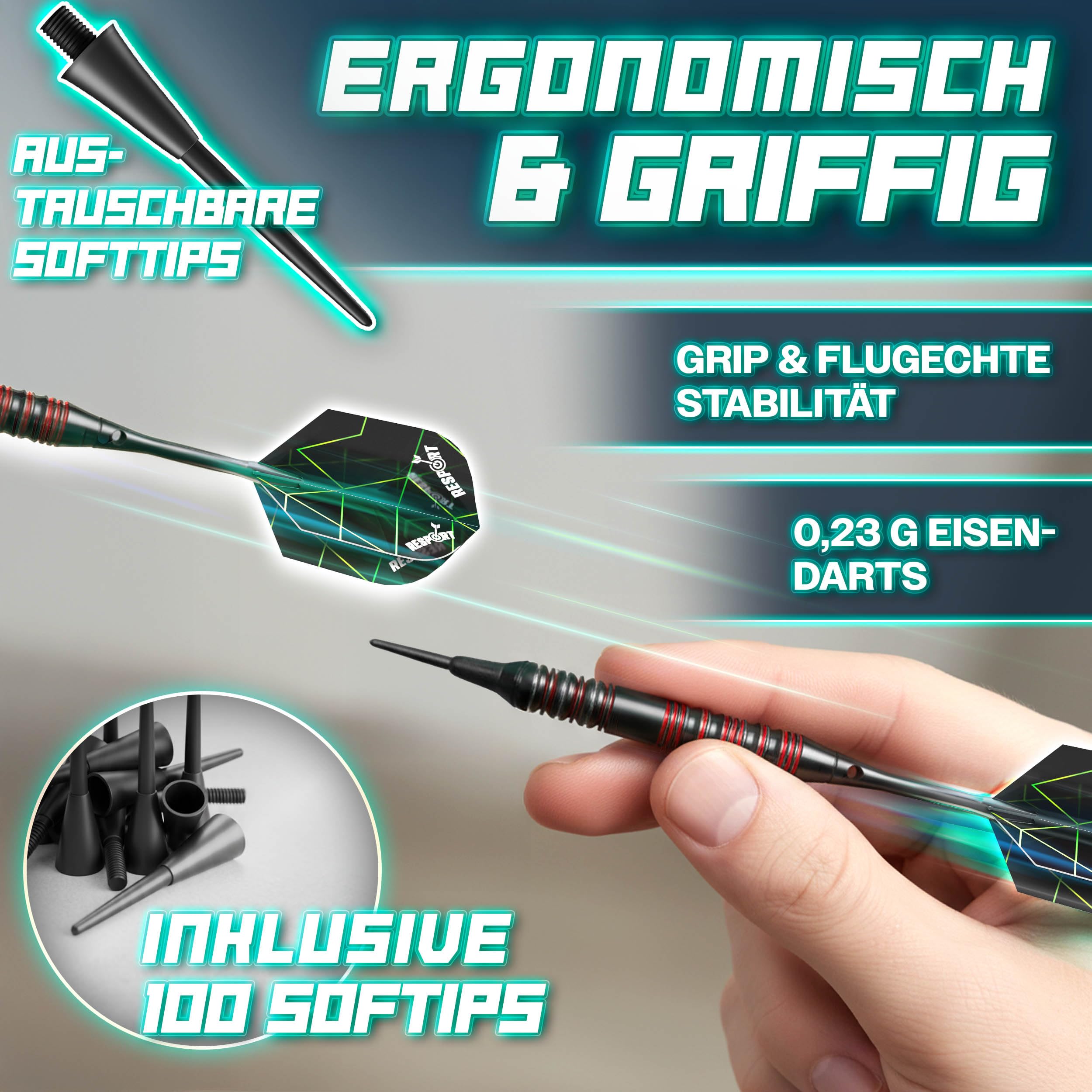 RE:SPORT® Dartscheibe Elektronisch Profi Set mit 12 Pfeilen + 24 Pro Flights + 100 Pfeilspitzen & Zubehör | E Dartautomat für 1–8 Spieler mit 427 Varianten | Elektrisches Dartboard mit LED Anzeige
