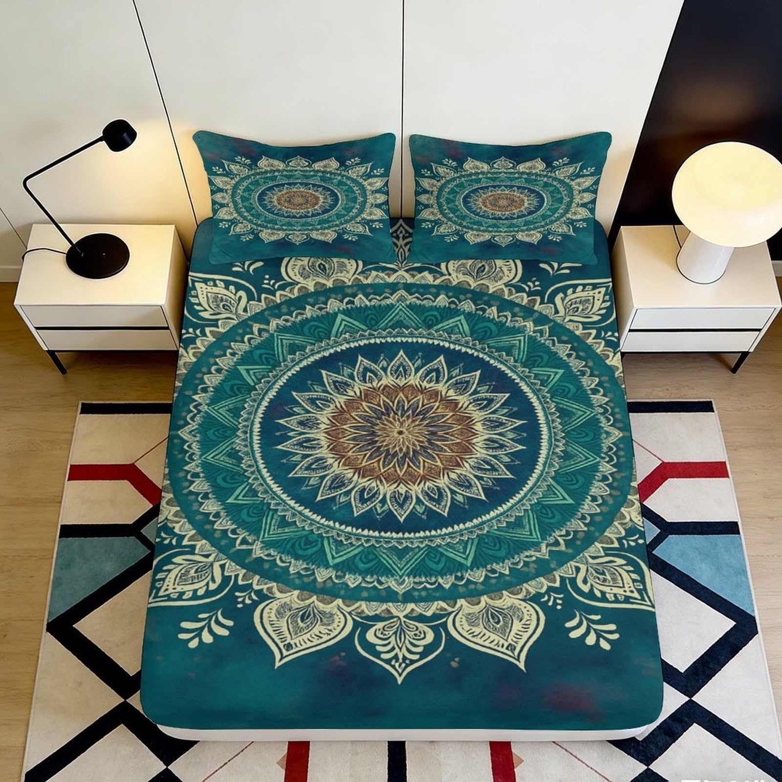 3D Printed Mandala Fitted Sheet Microfiber Elastic Hem Deep Pocket Mandala Mattress Fitted Cover Non-Slip for Bedroom Bedding 90x200x25cm