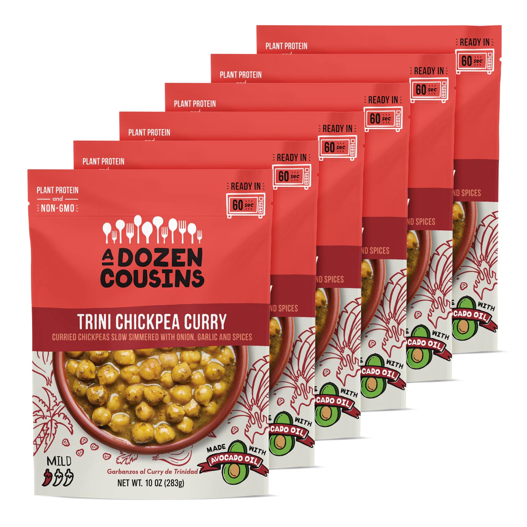 A Dozen Cousins Trini Chickpea Curry Beans (6-Pack) Prepared Food Pouch, Ready to Eat Meal in Seasoned Avocado Oil, Premade Microwave Meal, Instant Chickpea Curry, Gluten Free, Plant Protein & Fiber