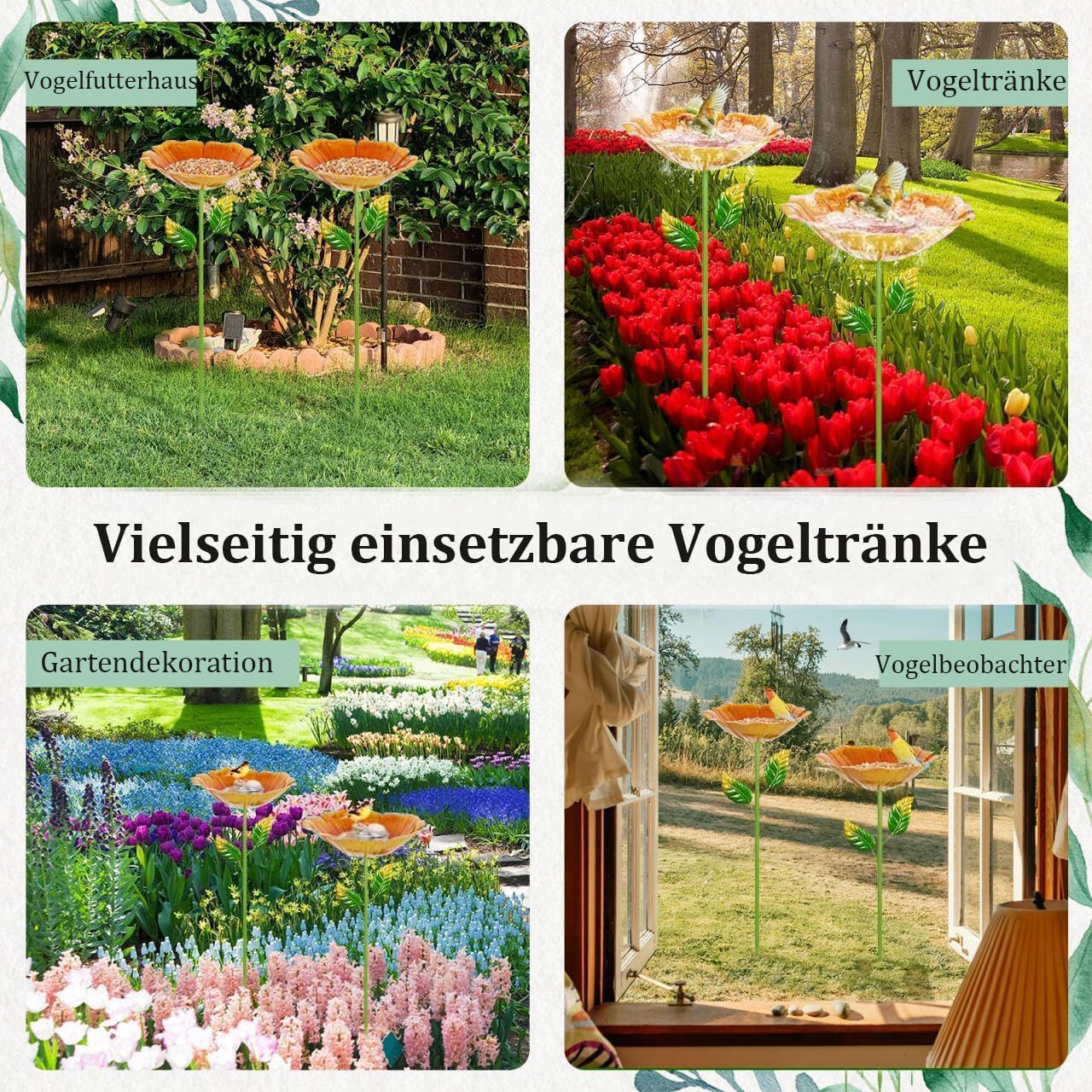 Vogeltränke für den Garten, 2er Set Metall Vogelbad Blume, 27cm Ø Großes Vogelbecken, Frostfest & Wetterfest, Stehende Wassertränke für Wildvögel, Dekorative Blumen Vogeltränke für Garten Hinterhof