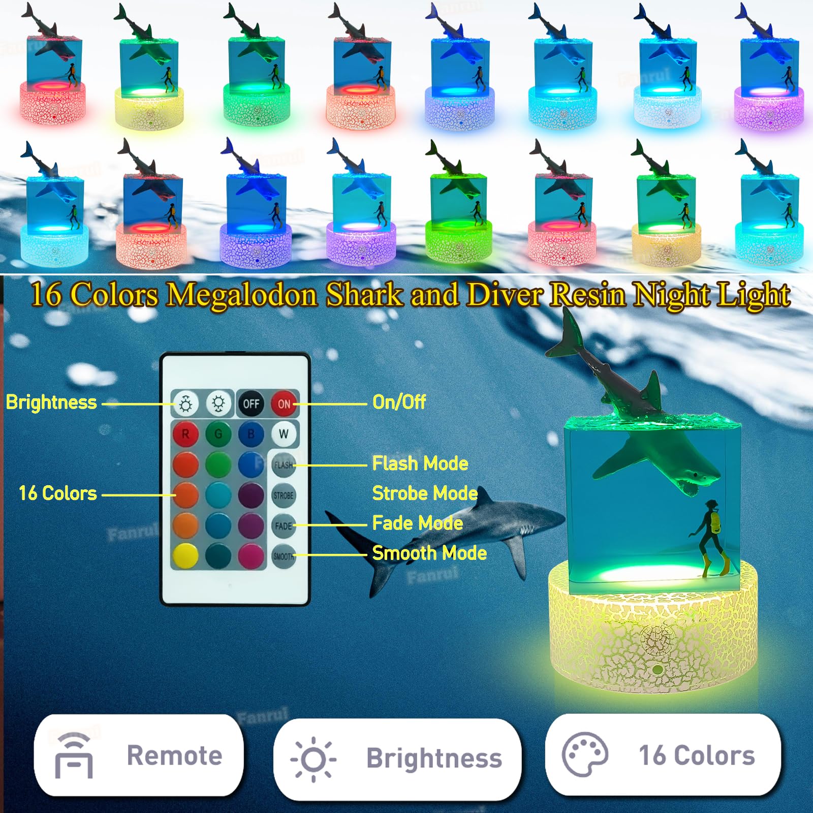Fanrui Megalodon Shark and Diver Resin Night Light, Handmade Resin Shark Sea Animals Cube Lamp, 16 Colors Change LED Dimmable Desktop Ornament with Remote, Suitable for Home Bedroom Office Decor,