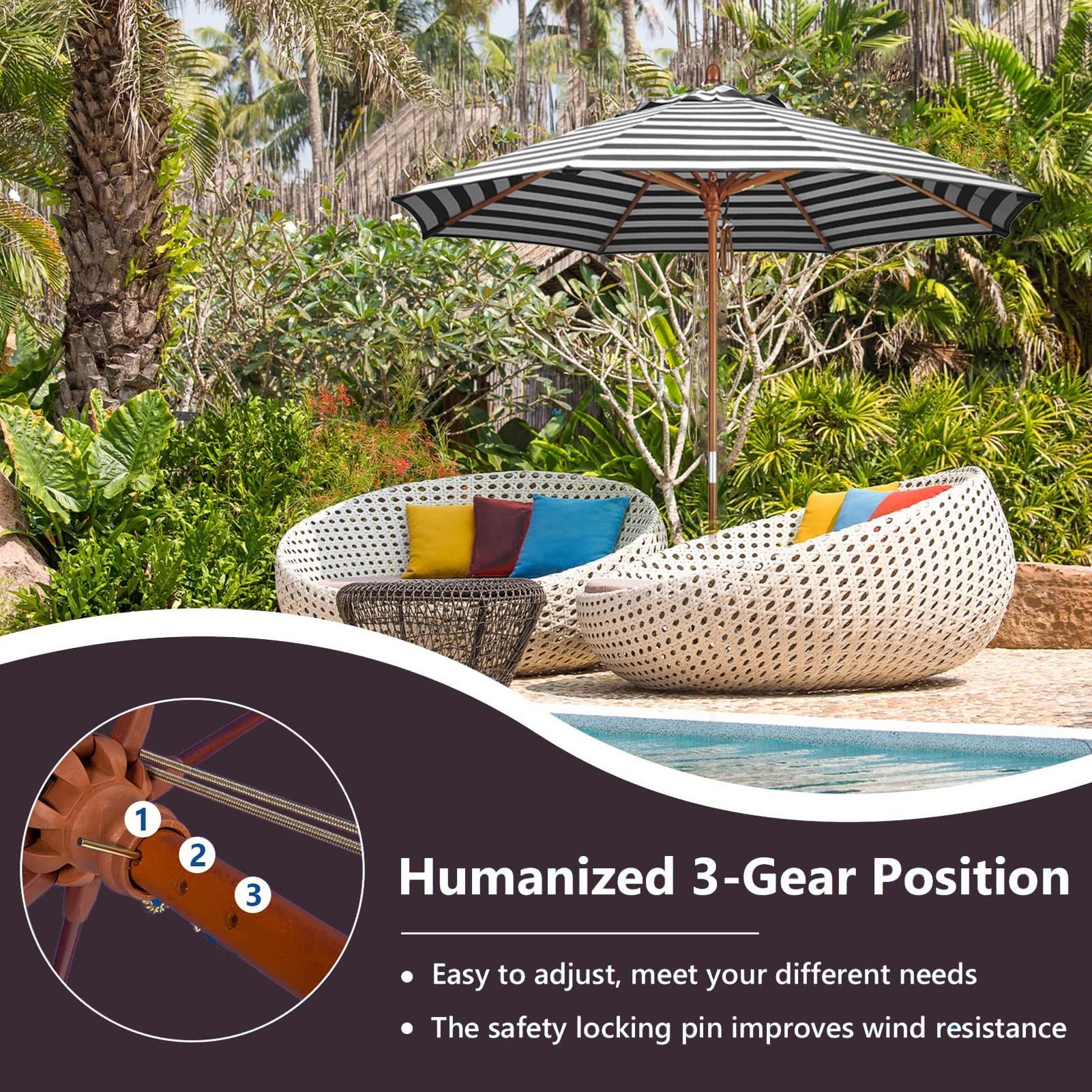 2,7m Drewniany parasol ogrodowy, 8 żeber na zewnątrz Patio Beach Sun Shade Canopy, Parasol w pasie z systemem koła pasowego do basenu, tarasu, patio i balkonu