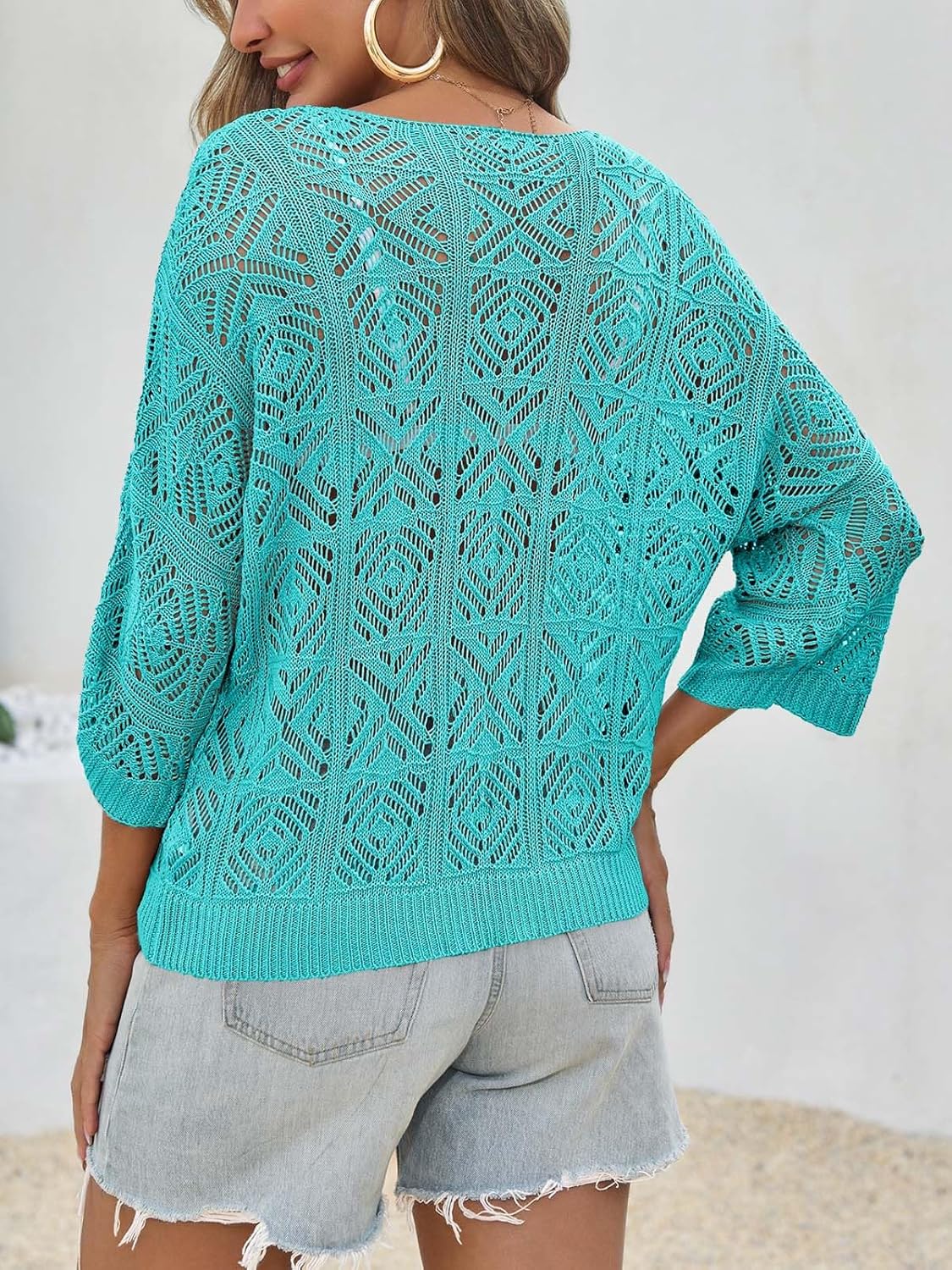 Saodimallsu Womens Crochet Cover Up Top Summer 3/4 Sleeve Off Shoulder Sweater Shirts Mesh Boho Beach Swimsuit Coverup - Image 5