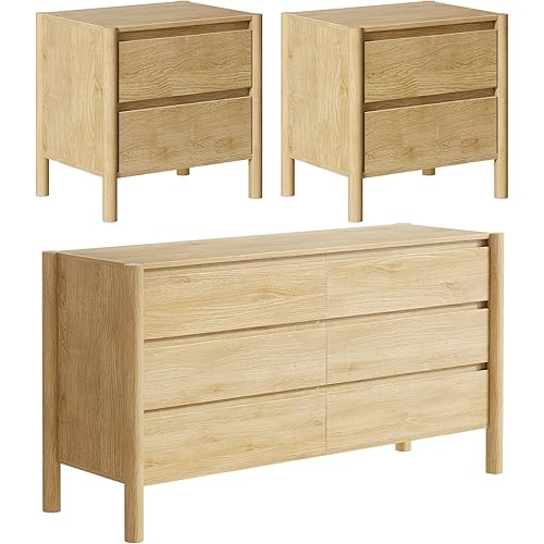 CHUWELL 3-Piece Farmhouse Bedroom Set-6 Drawer Dresser & Nightstand Set of 2, 47" Wide Storage Organizer Cabinet with Bed Side Table, 3 Pcs Bedroom Furniture Set (Oak)