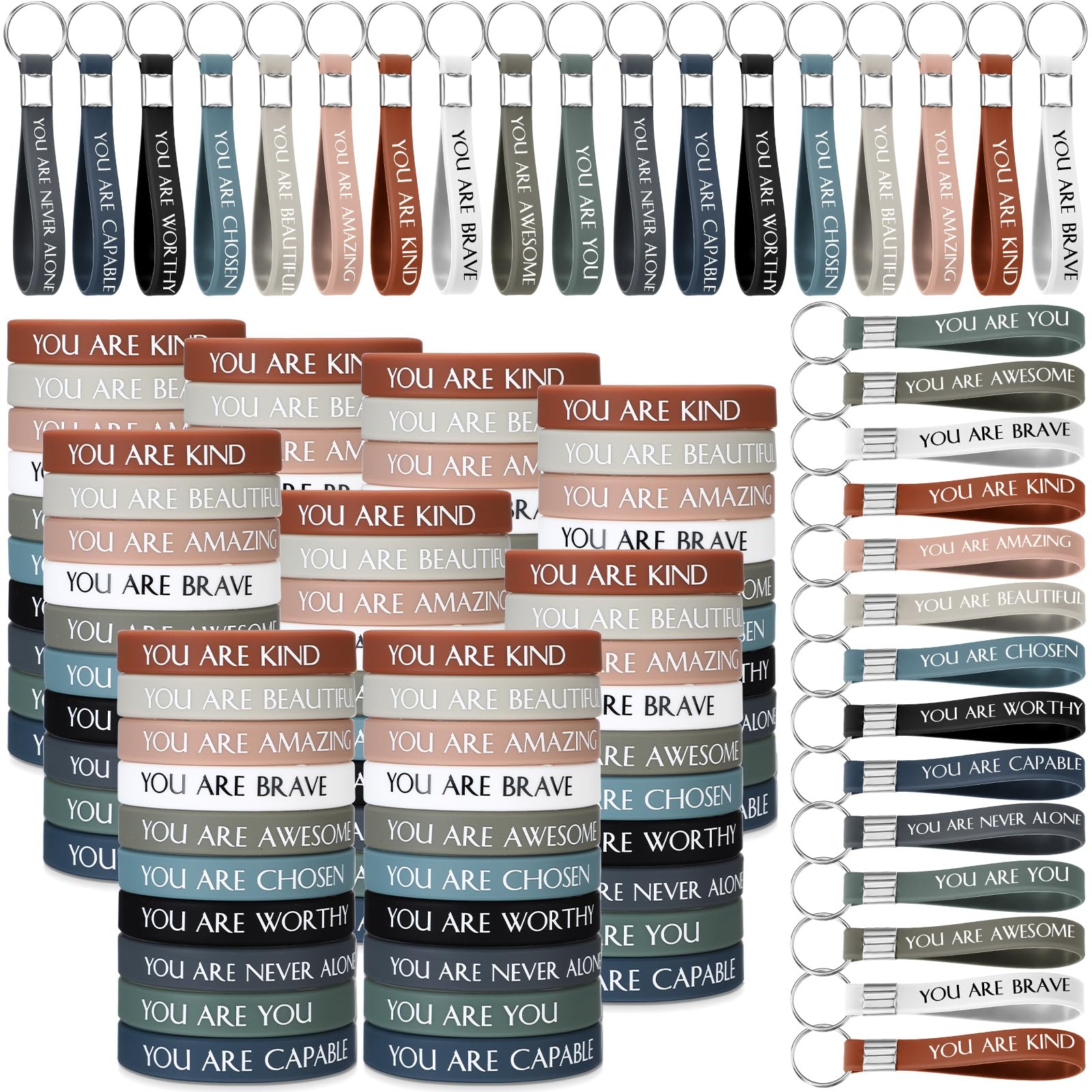 Sratte 240 Pcs Motivational Wristbands Inspirational Keychains Employee Appreciation Gifts for Social Work Month Teacher