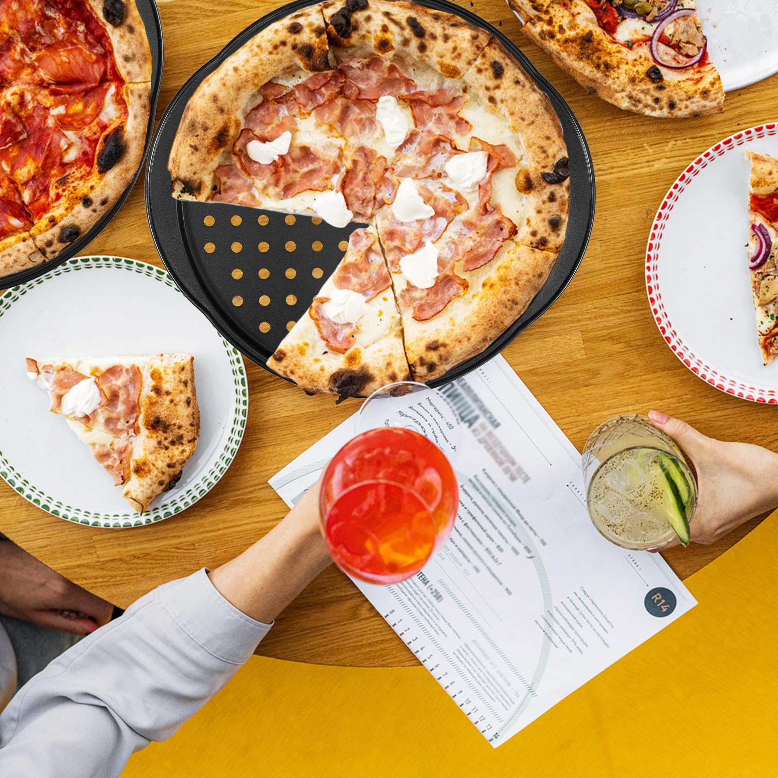 2 sartenes para pizza con agujeros, bandeja redonda de pizza de 14 pulgadas para horno, bandeja para hornear pizza de acero al carbono antiadherente, bandeja para hornear pizza con asas, para el 7