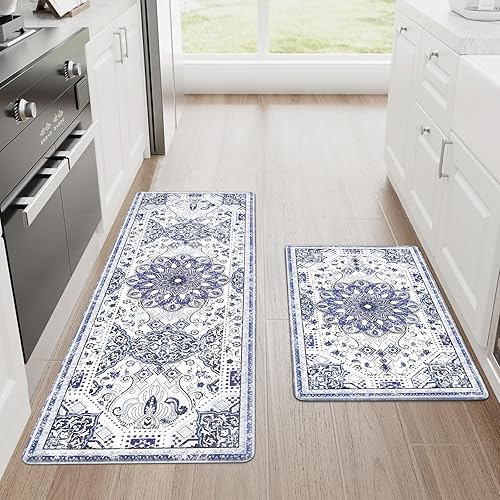 ASPMIZ Juego de 2 tapetes de cocina bohemios azules y grises antideslizantes, acolchados antifatiga, juego de alfombras y tapetes de cocina