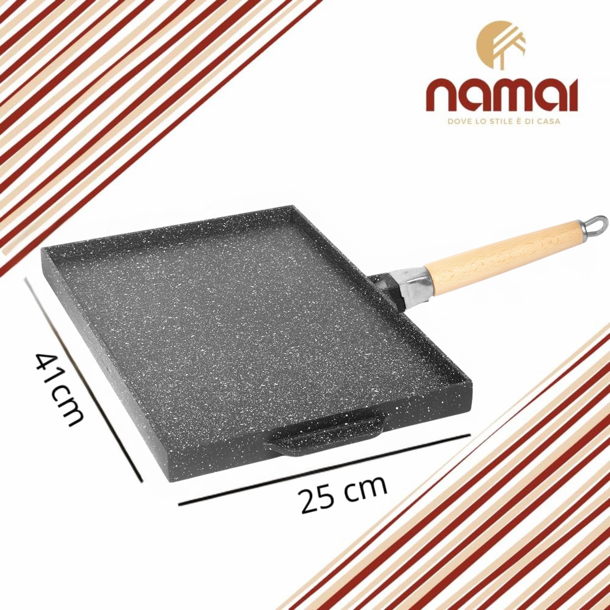 NAMAI - Bistecchiera Antiaderente Pietra, 41CM x 25CM, Alluminio Pressofuso, Lati Grill e Liscio, Padella Manico Removibile, No Induzione, Made In Italy
