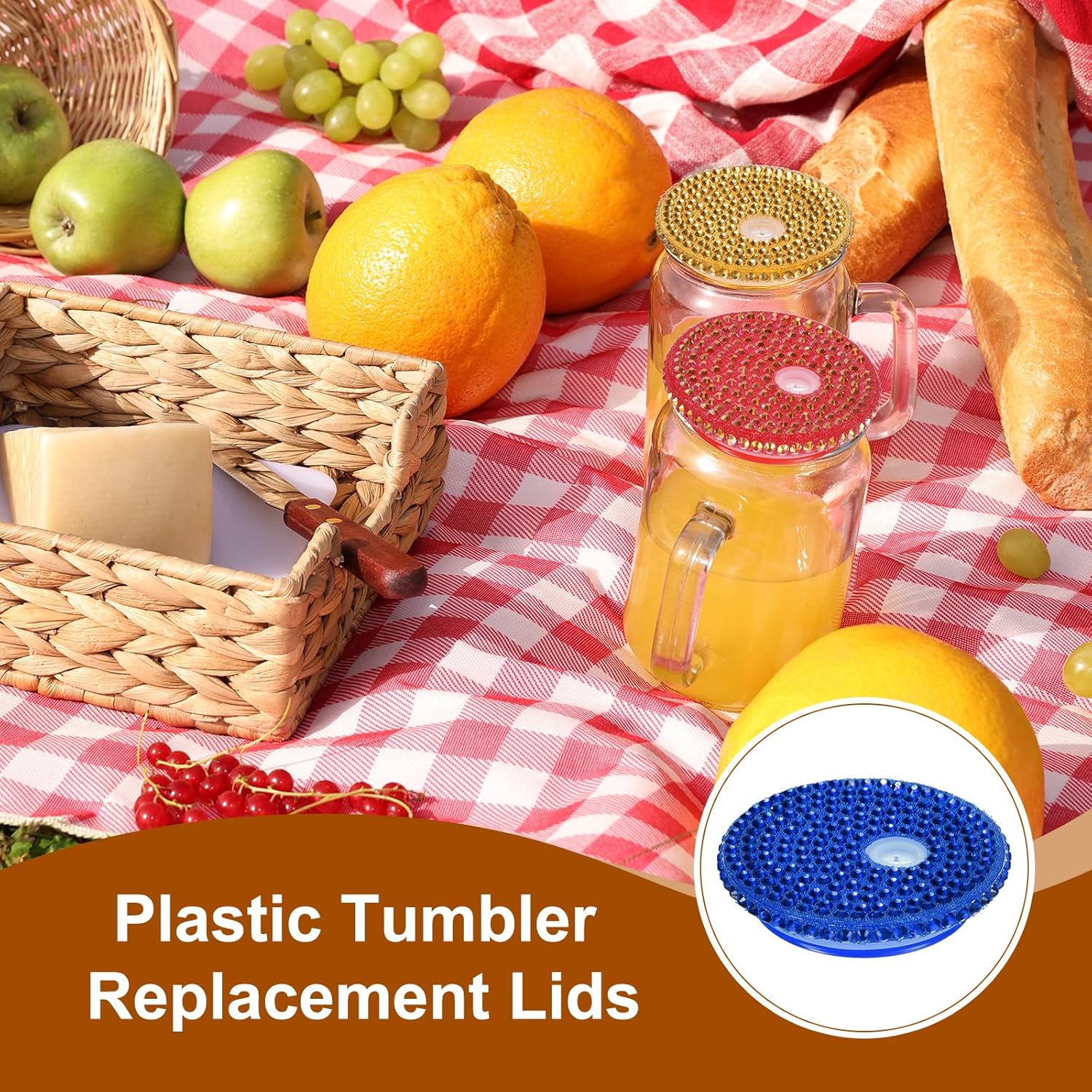 uxcell 2Pcs Acrylic Lids for 16 oz Glass, Reusable Plastic Tumbler Replacement Lids Rhinestone Canning Caps with Hole for Beer Can Drinking Glasses Tumblers, Transparent Dark Blue