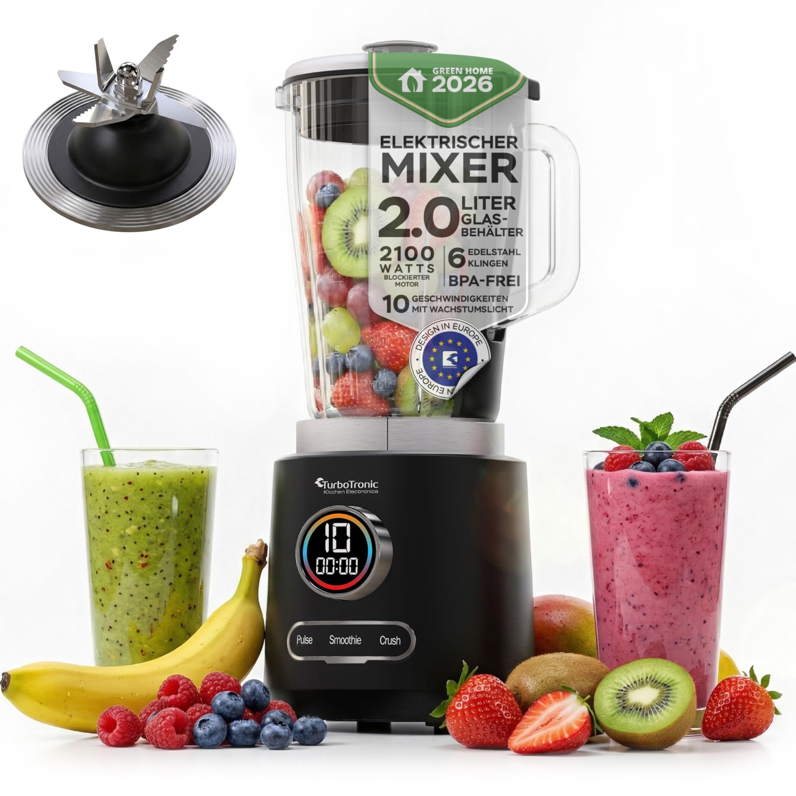 TurboTronic Standmixer - BG7-2100 Watt (25.000 RPM) mit 2,0 L Glasbehälter Edelstahl, Glas Smoothie Mixer/Maker Ice Crush Funktion Milchshaker Blender BPA FREI