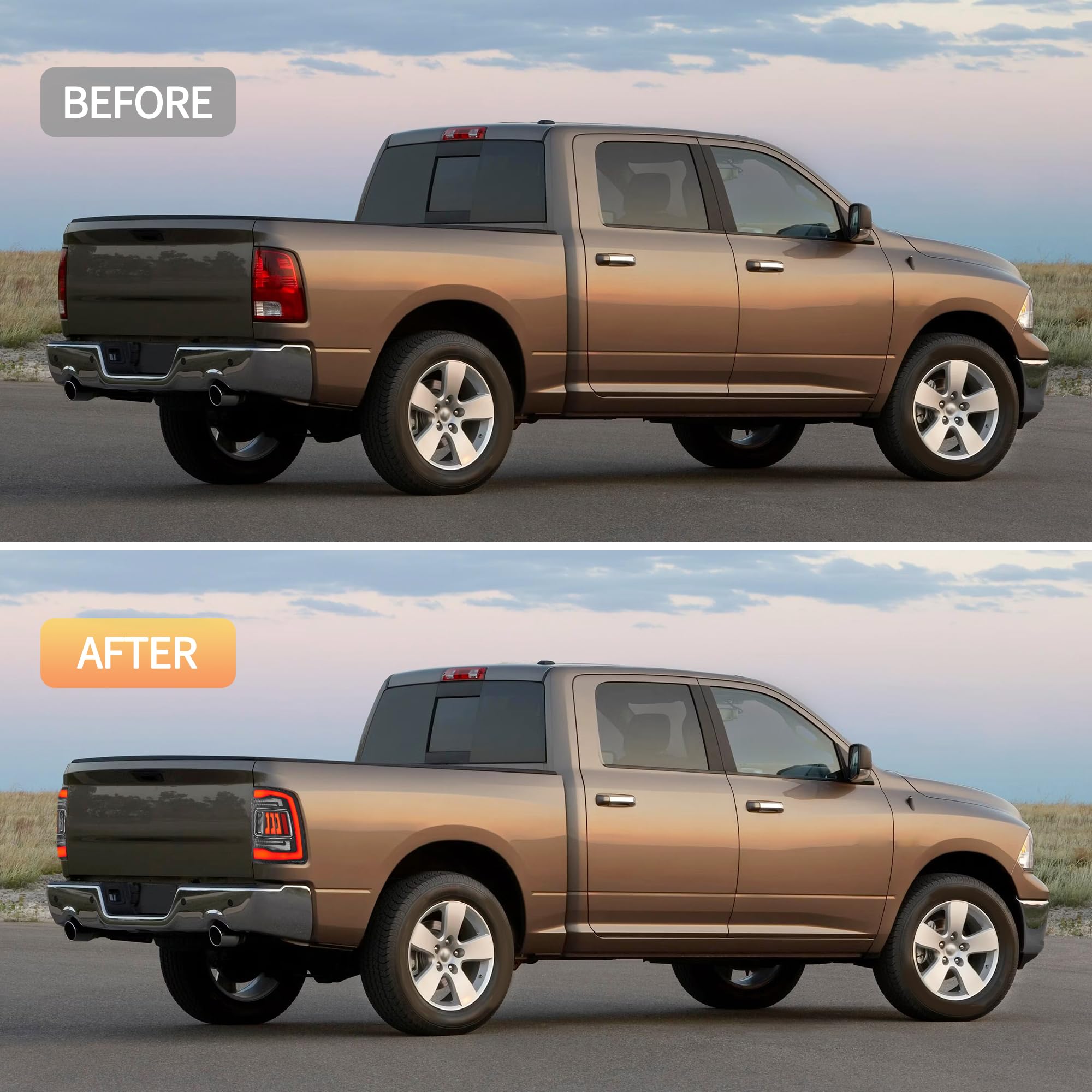 Rückleuchten kompatibel für Ram 1500 2009-2018, Ram 2500/3500 2010-2018, Ram 1500 Classic 2019-2024, Kein E-Prüfzeichen, Kein Nebellicht (Klar + Roter Balken)